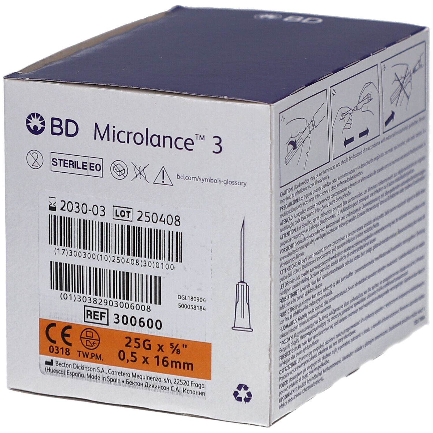 Produktverpackung mit Produktinformationen. Aufschrift: BD Microlance 3, 25G 5/8", 0,5 x 16mm.