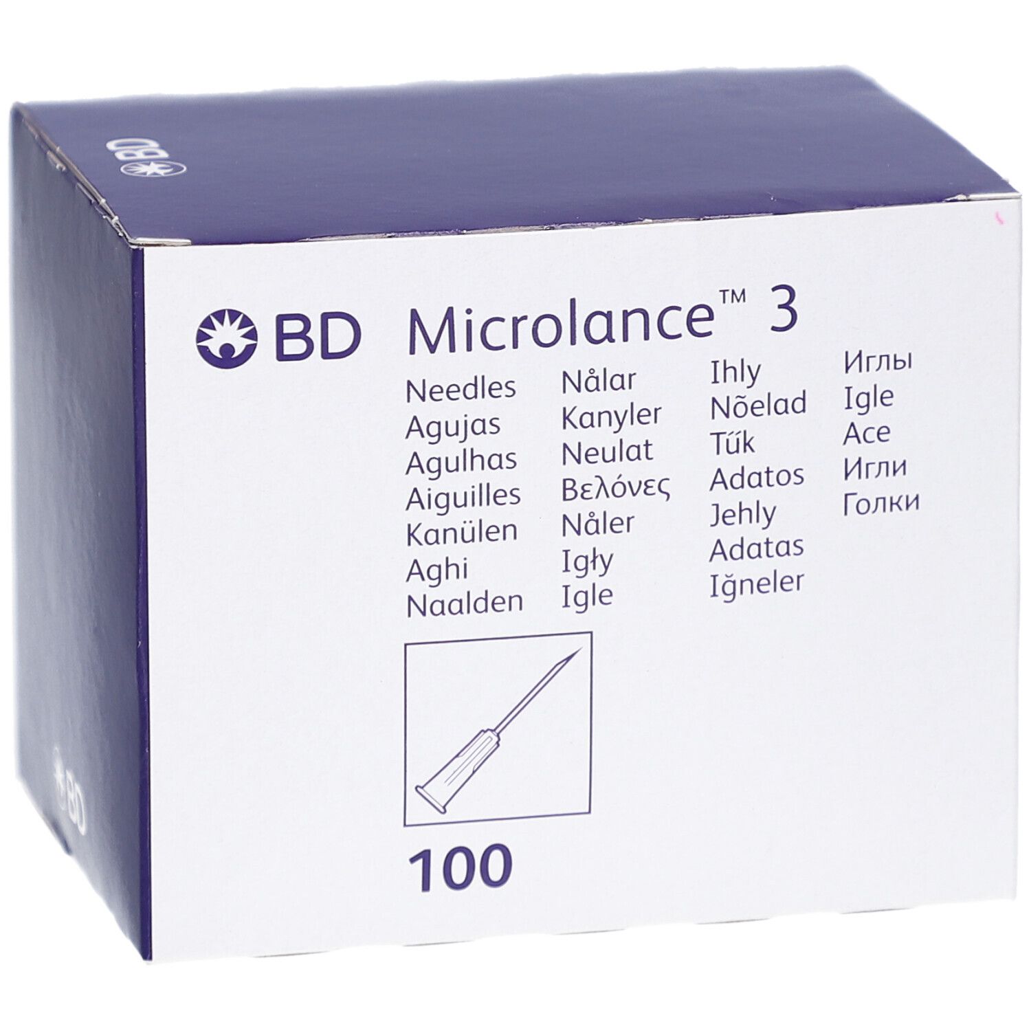 Produktverpackung mit Produktbezeichnung und Nadel-Symbol. Aufschrift: BD Microlance 3, 100 Stück.