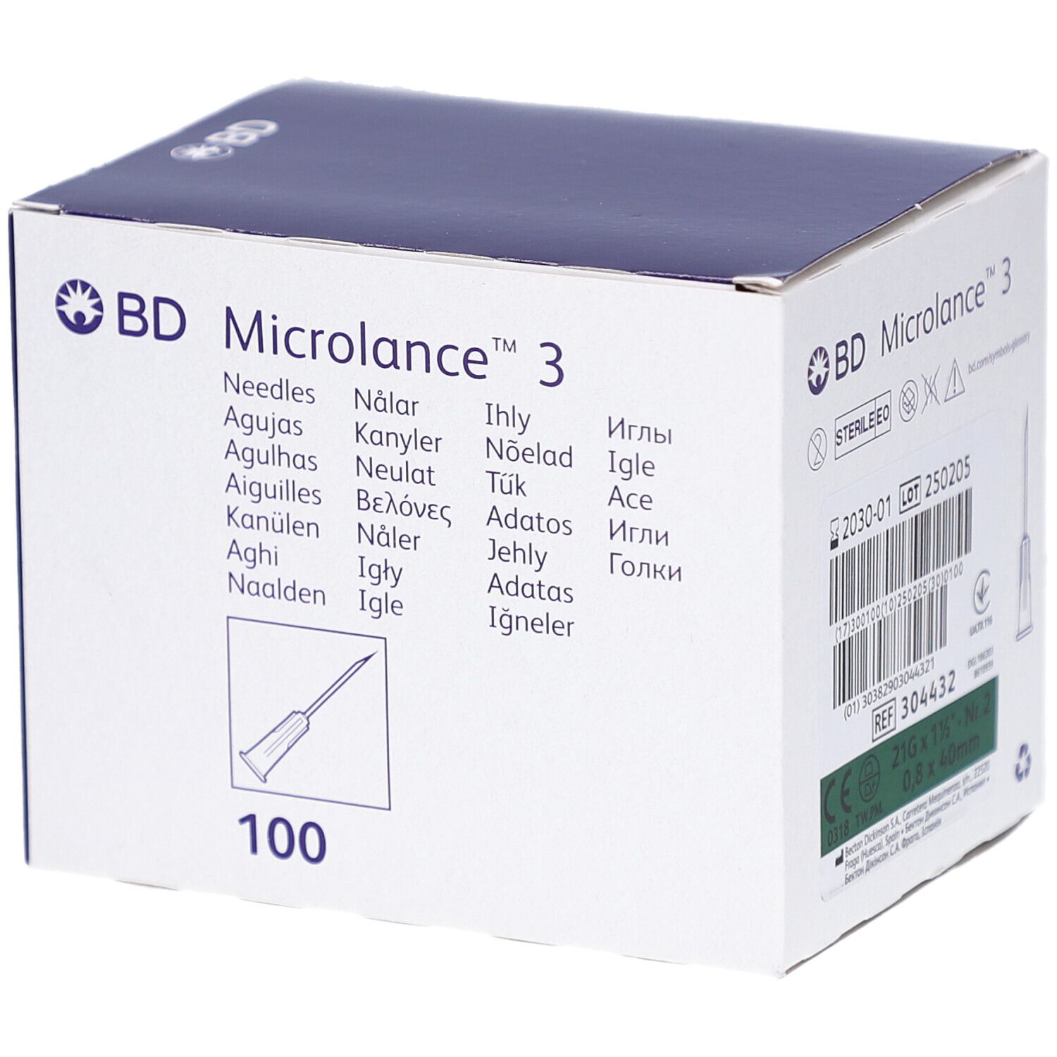 Verpackung mit BD Microlance 3 Nadeln. 100 Stück. Grün. Aufdrucke: Nadel-Illustration, Produktname, Übersetzungen.