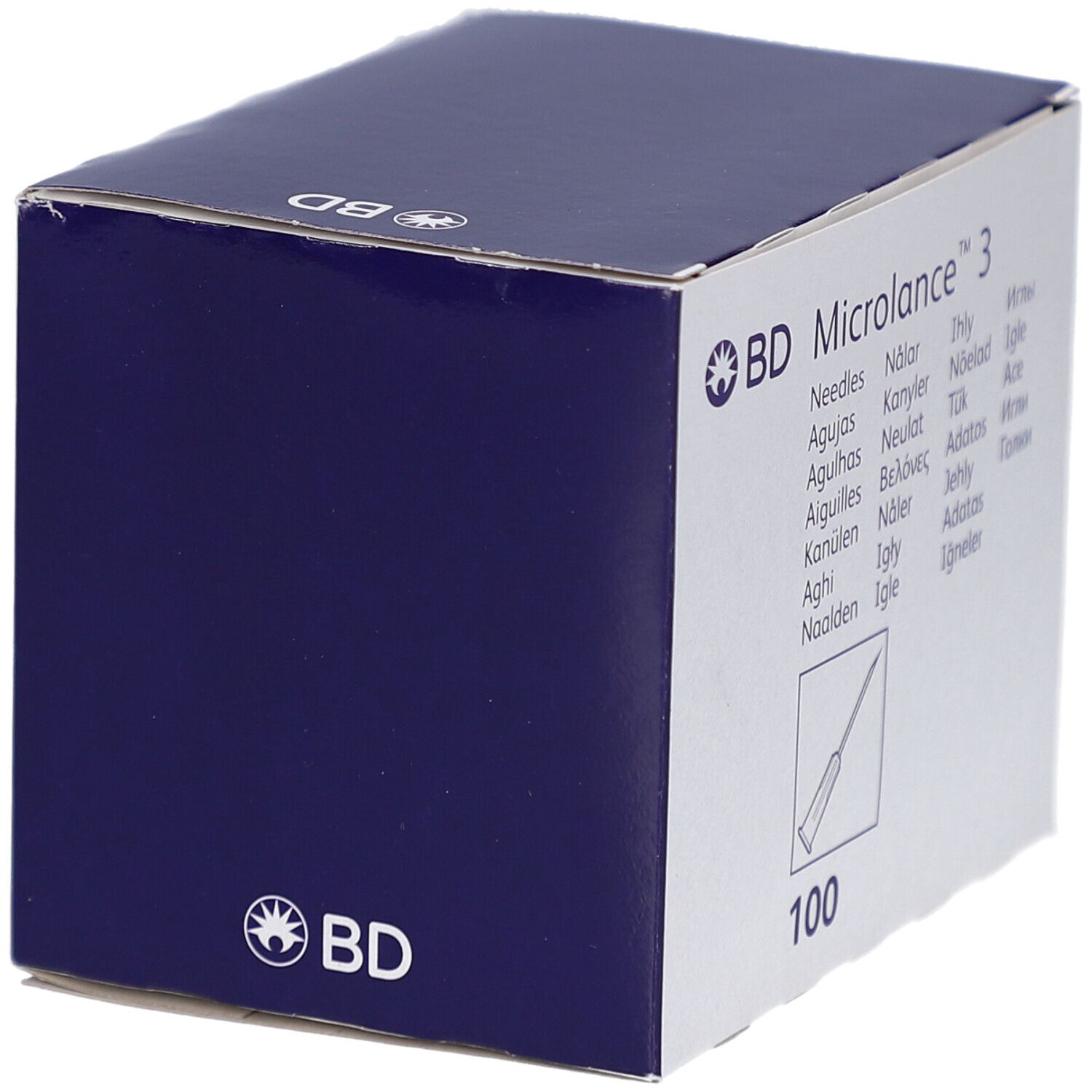 Dunkelblaue Verpackung. BD Logo. Produktname Microlance 3. Illustration einer Nadel. 100 Stück.