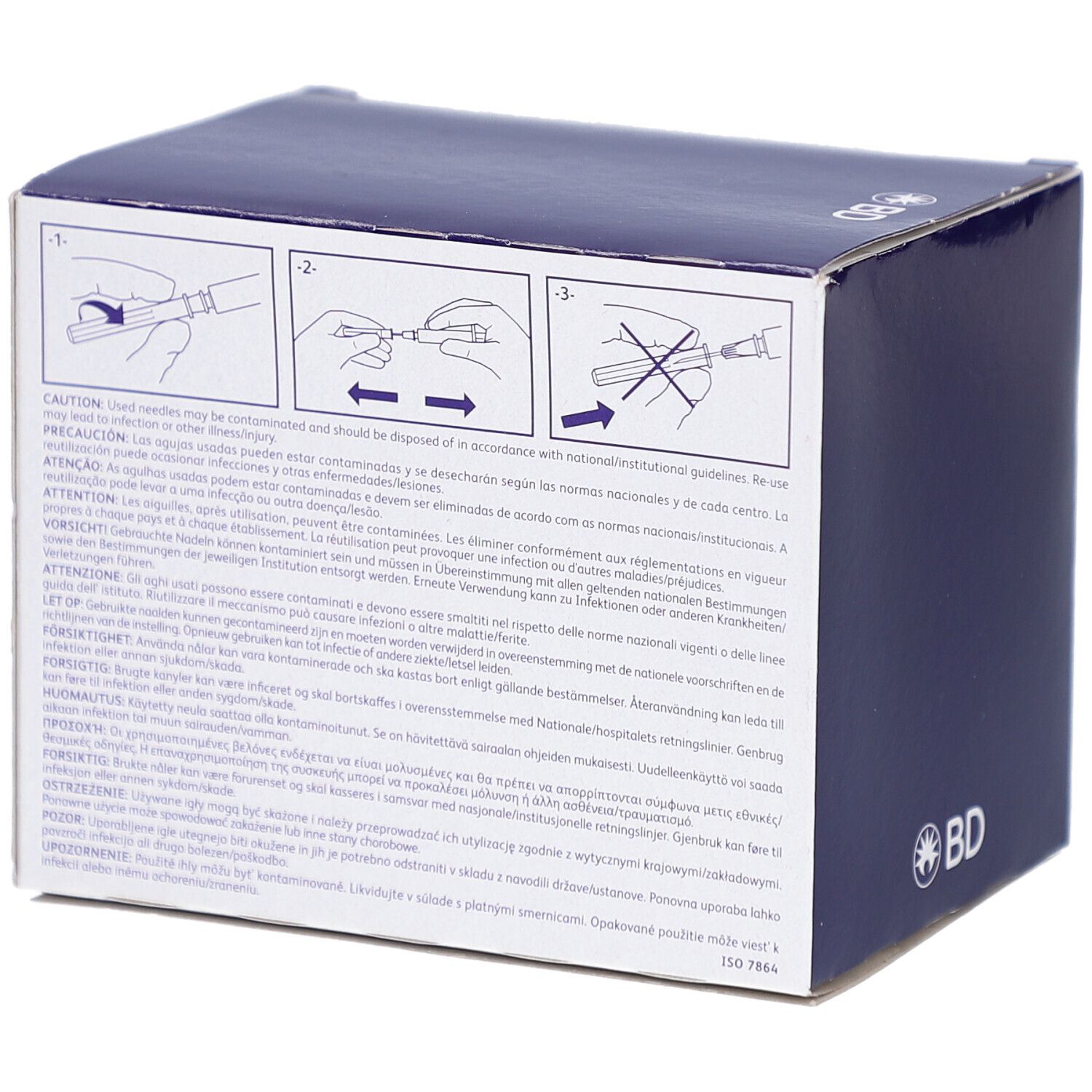 Rückseite der Verpackung. Warnhinweise und Anweisungen. BD Logo. Text in mehreren Sprachen.