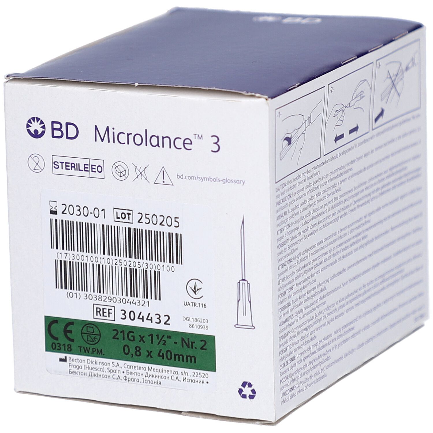 Verpackung mit Produktinformationen. BD Microlance 3. Steril. Chargennummer. Nadel-Illustration. Größe: 0,8 x 40mm.