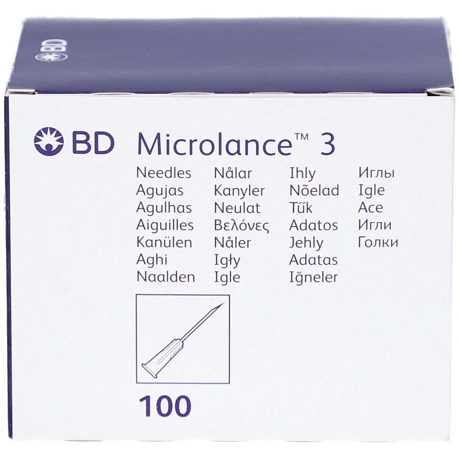 Verpackung mit BD Microlance 3. 100 Stück. Illustration einer Nadel. Produktname und Übersetzungen.