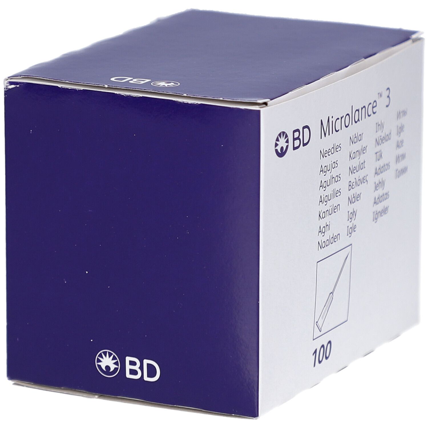 Dunkelblaue Verpackung von BD Microlance 3. Logo und Produktname sichtbar. Enthält 100 Nadeln.