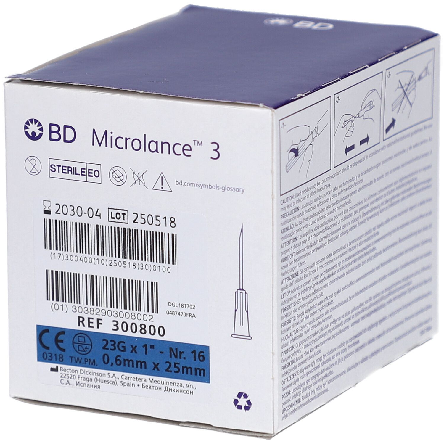 Verpackung von BD Microlance 3. Produktinformationen, Chargennummer und CE-Kennzeichnung sichtbar.