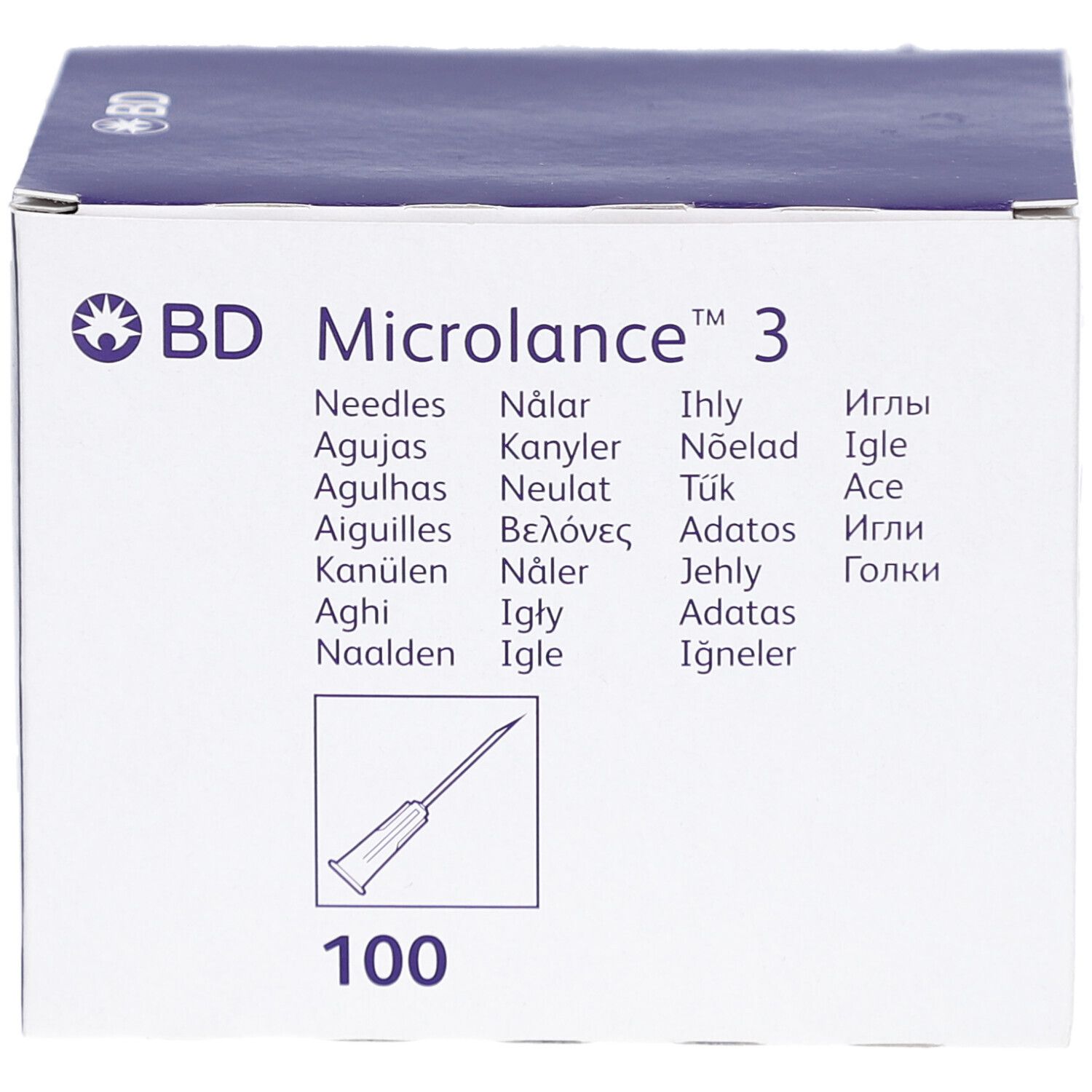 Verpackung von BD Microlance 3. Produktname, Logo und Nadel-Illustration. Enthält 100 Nadeln.
