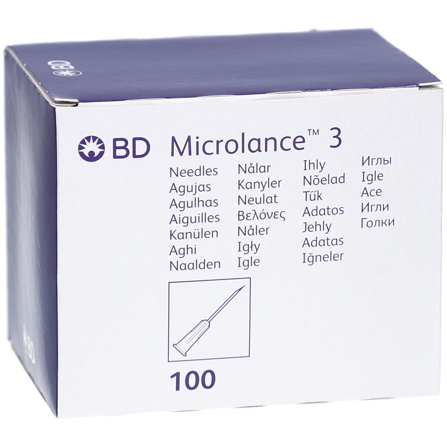 Verpackung von BD Microlance 3. Produktname, Logo und Nadel-Illustration. Enthält 100 Nadeln.