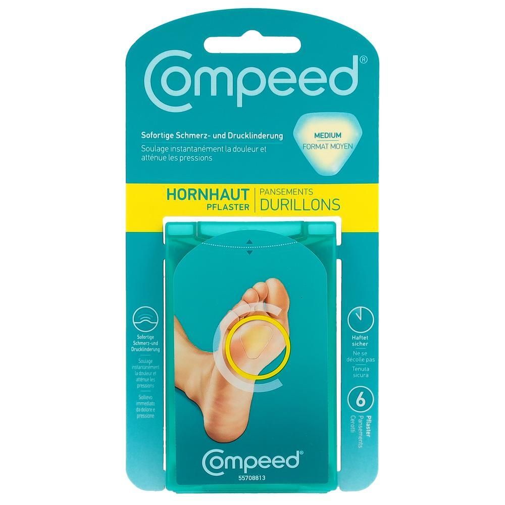 Compeed Hornhautpflaster, mittlere Größe. Verpackung mit 6 Pflastern. Aufdruck: Sofortige Schmerz- und Drucklinderung.