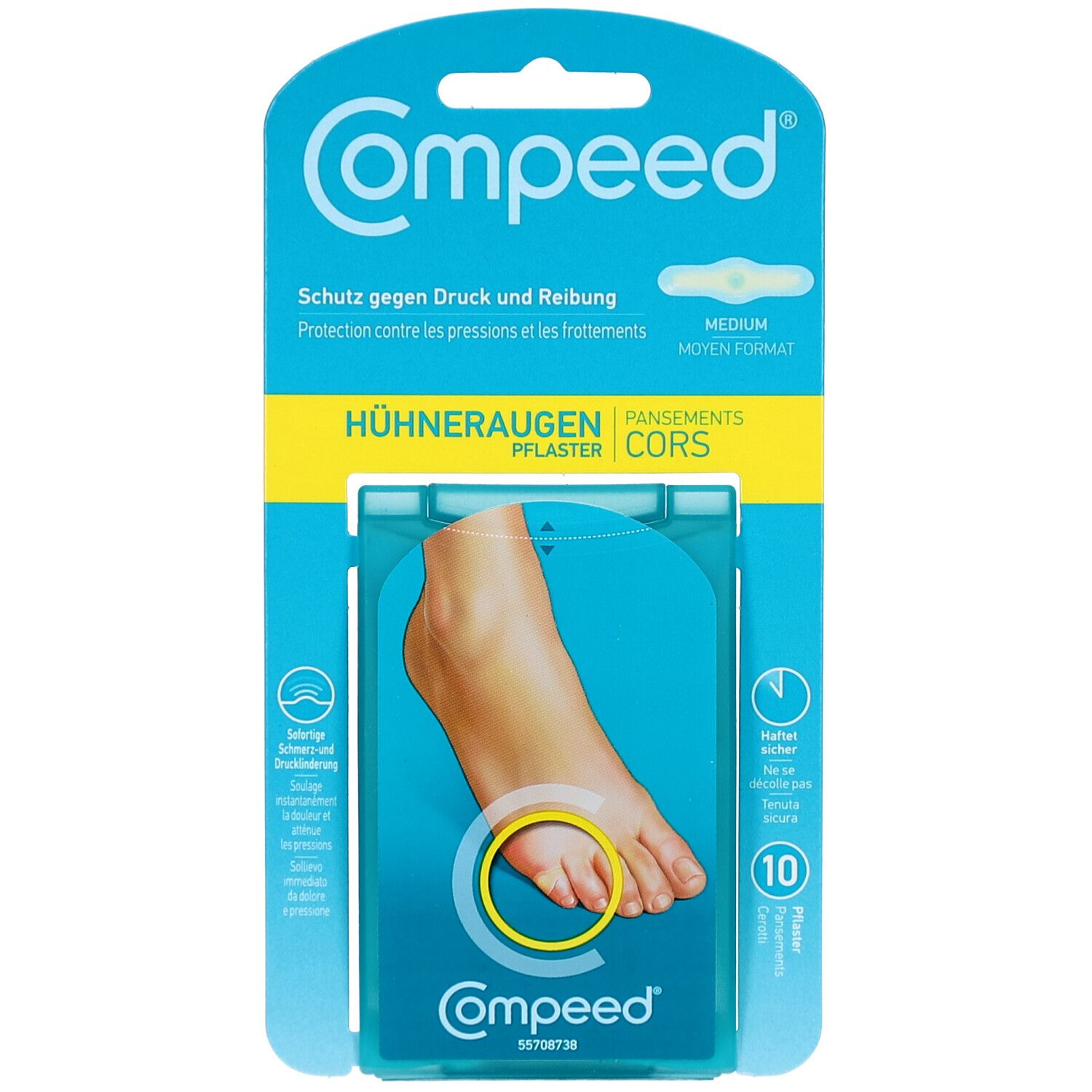 Emballage de pansements Compeed. Emballage bleu avec image du produit et texte jaune. Dix pansements, format moyen.