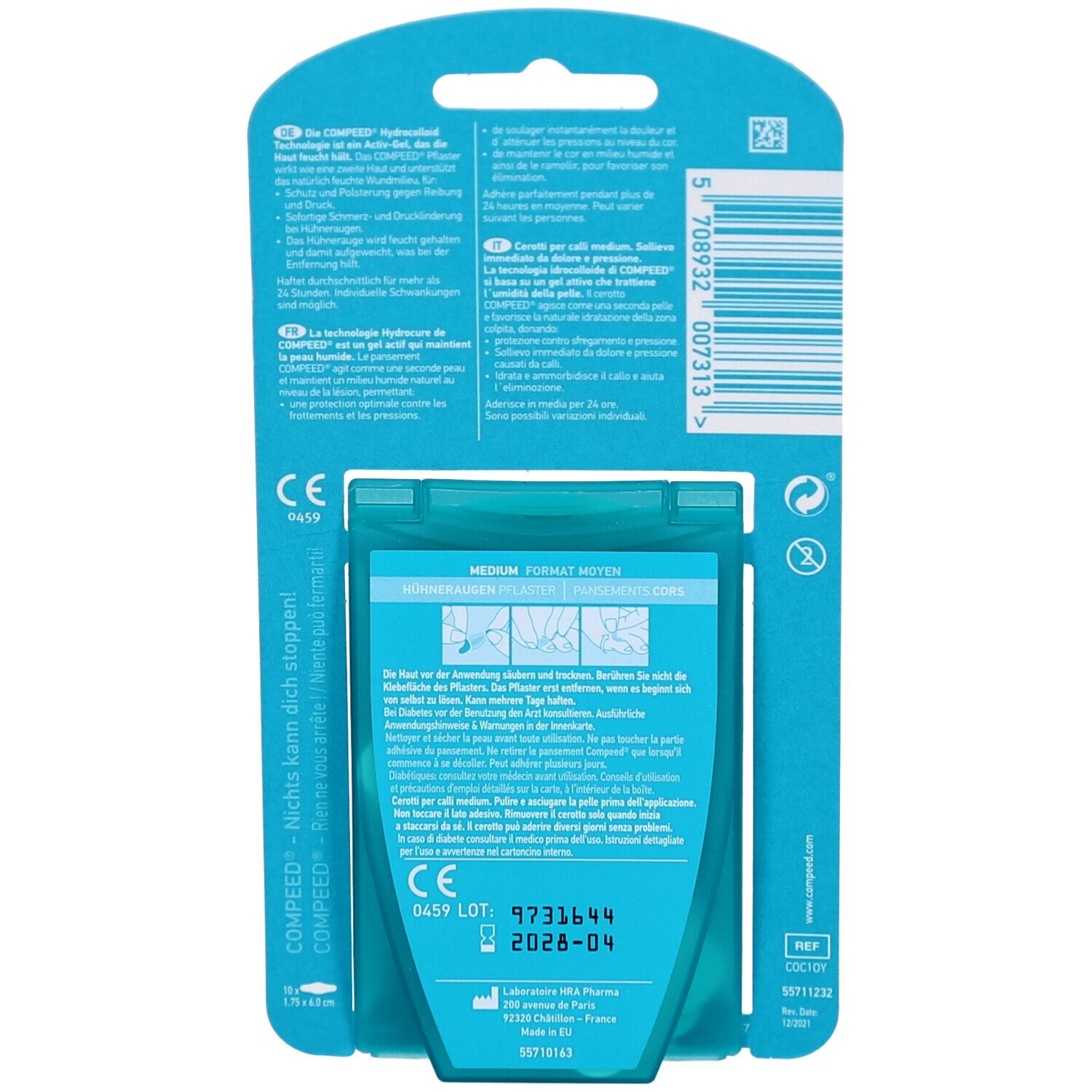 Emballage blister de pansements. Emballage bleu avec informations produit et marquage CE. Date de péremption 2028-04.