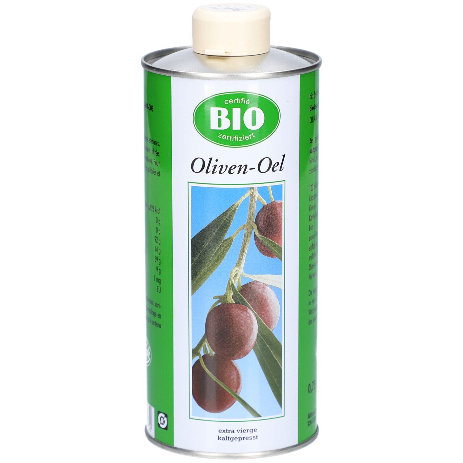 Boîte d'huile d'olive verte et argentée avec certification BIO. Illustration d'olives et de feuilles. Texte : Oliven-Oel, extra vierge, pressée à froid.