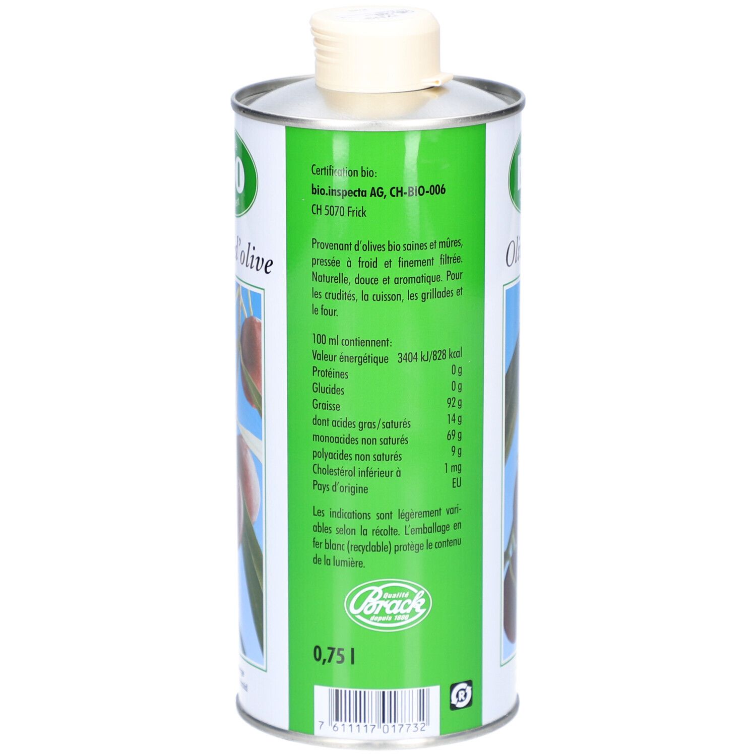 Dos de la boîte d'huile d'olive. Contient des informations sur les ingrédients, les valeurs nutritionnelles et le fabricant. Texte : bio.inspecta AG, 0,75 l, Brack.