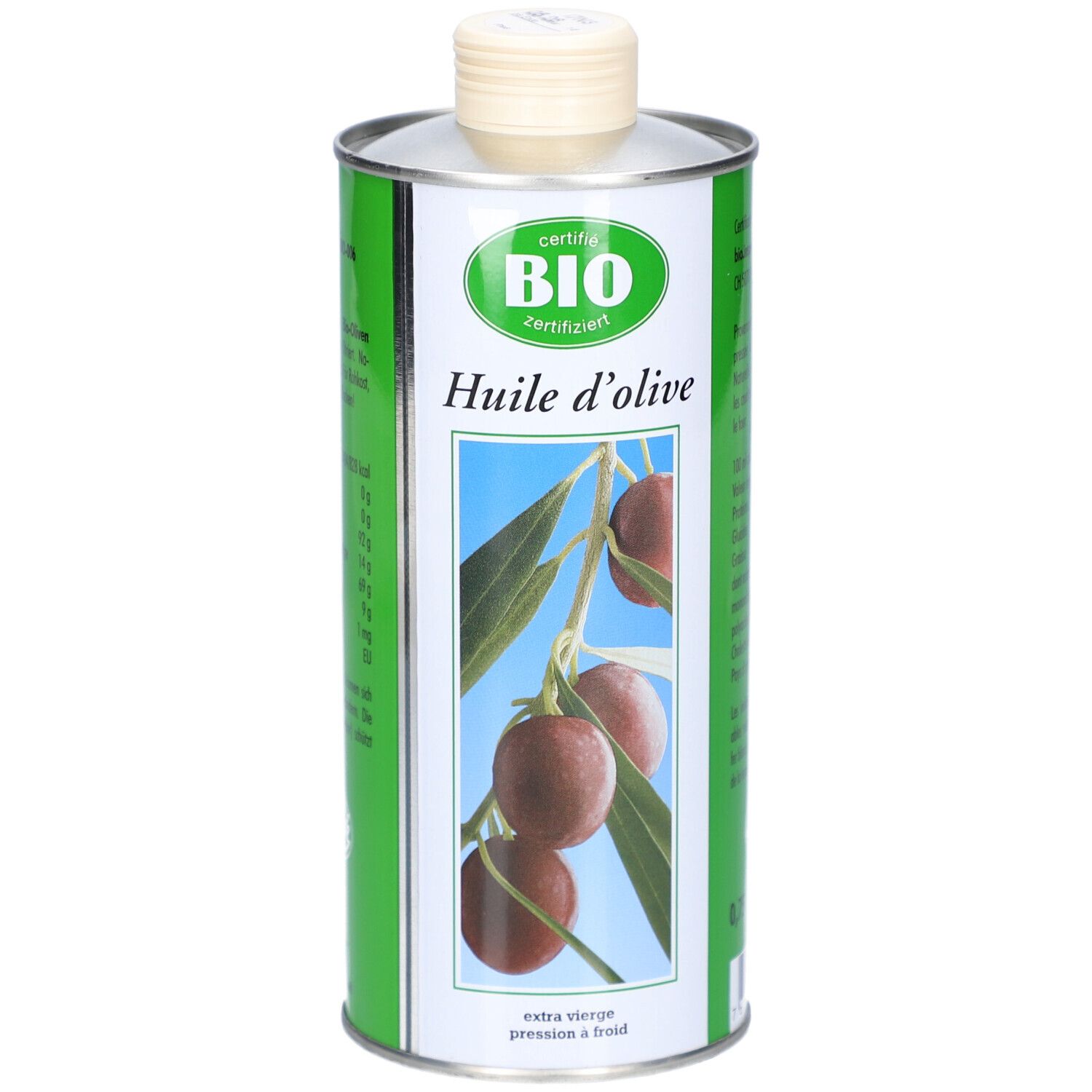 Boîte d'huile d'olive verte et argentée avec certification BIO. Illustration d'olives et de feuilles. Texte : Huile d'olive, extra vierge, pression à froid.