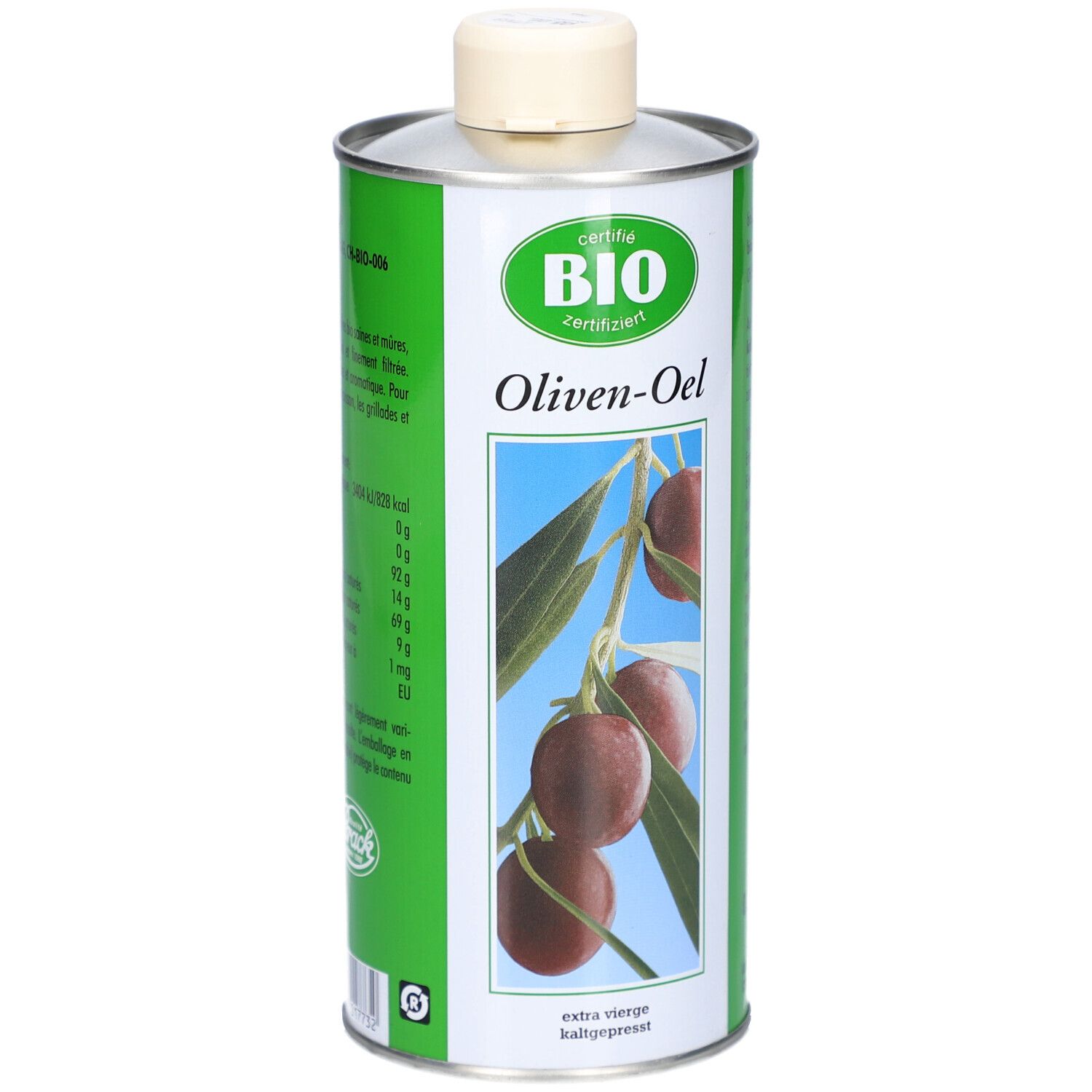 Boîte d'huile d'olive verte et argentée avec certification BIO. Illustration d'olives et de feuilles. Texte : Oliven-Oel, extra vierge, pressée à froid.