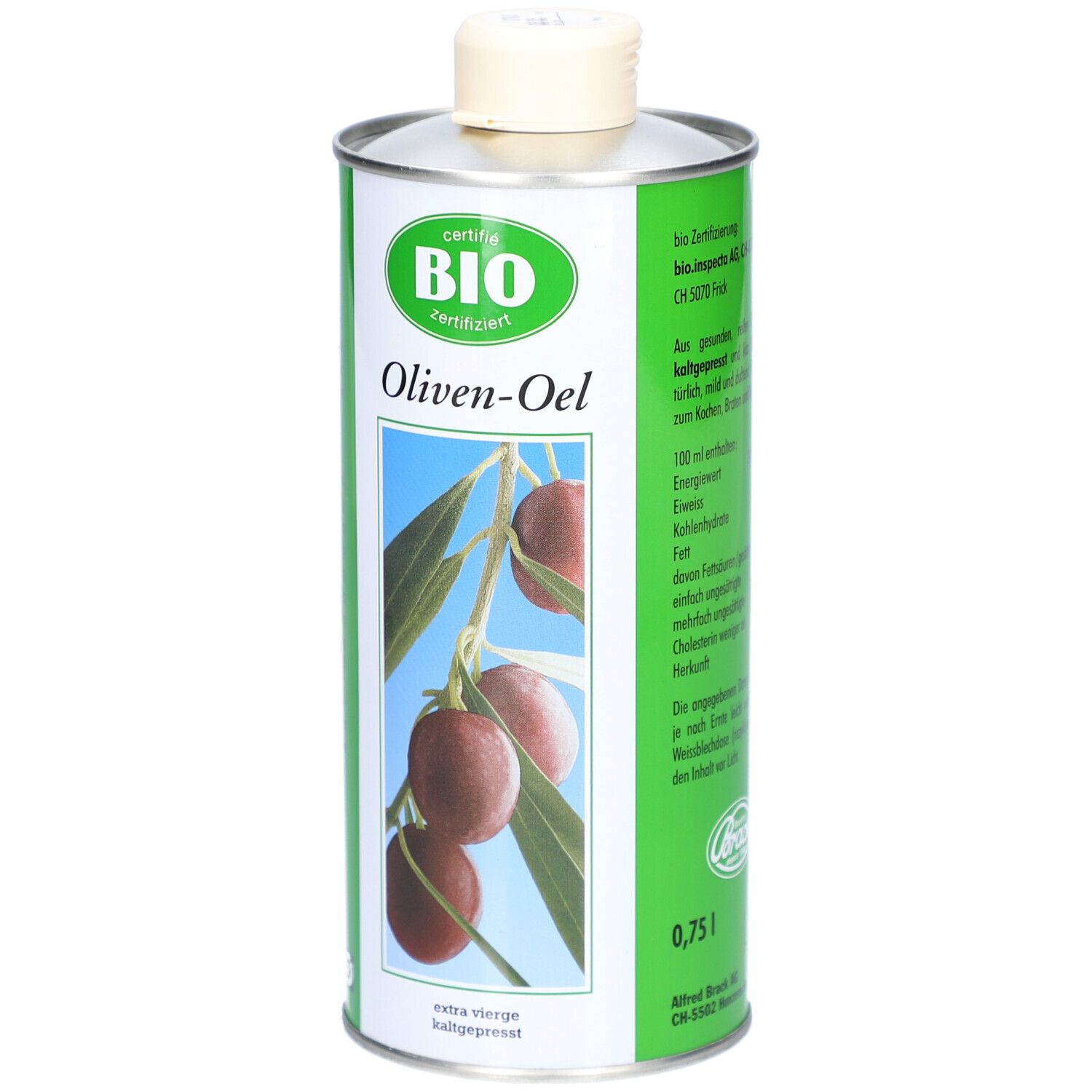 Boîte d'huile d'olive verte et argentée avec certification BIO. Illustration d'olives et de feuilles. Texte : Oliven-Oel, extra vierge, pressée à froid, 0,75 l.