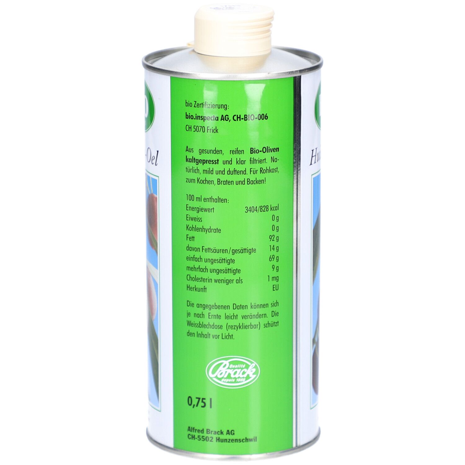 Dos de la boîte d'huile d'olive. Contient des informations sur les ingrédients, les valeurs nutritionnelles et le fabricant. Texte : bio.inspecta AG, 0,75 l, Brack.