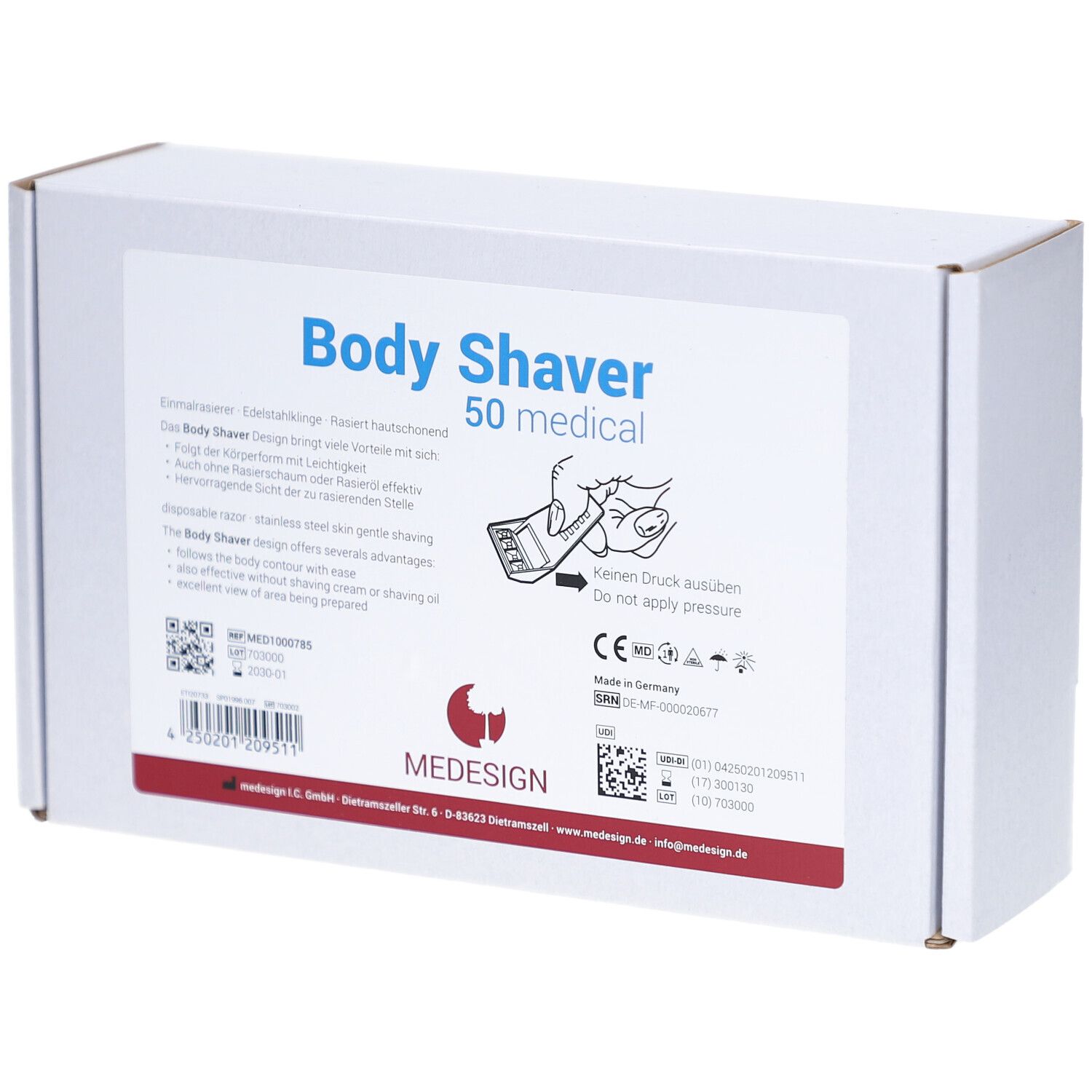 Boîte blanche avec "Body Shaver 50 medical". Contient des informations, des pictogrammes et le logo MEDESIGN. Marque CE.