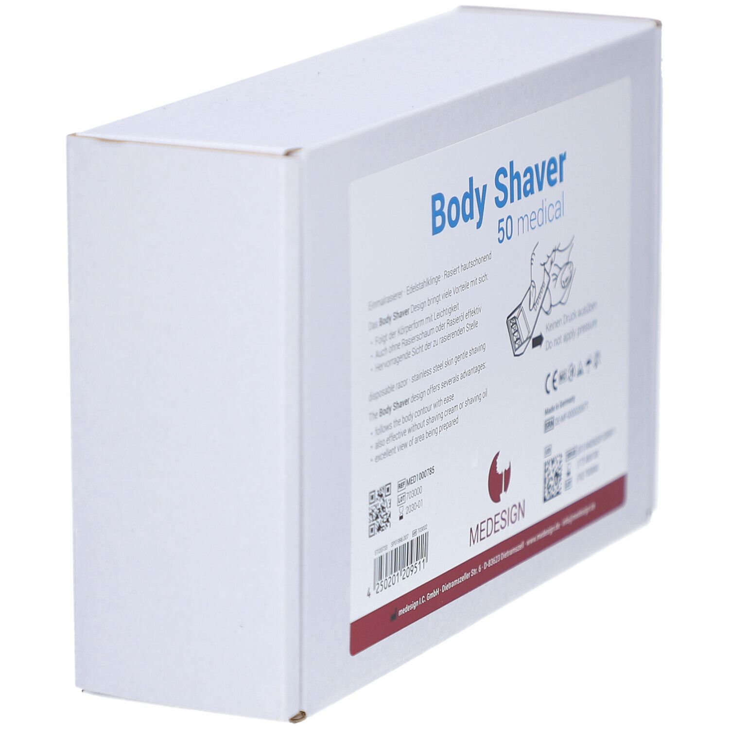 Boîte en carton blanche avec "Body Shaver 50 medical". Vue latérale, affiche des informations et le logo MEDESIGN.