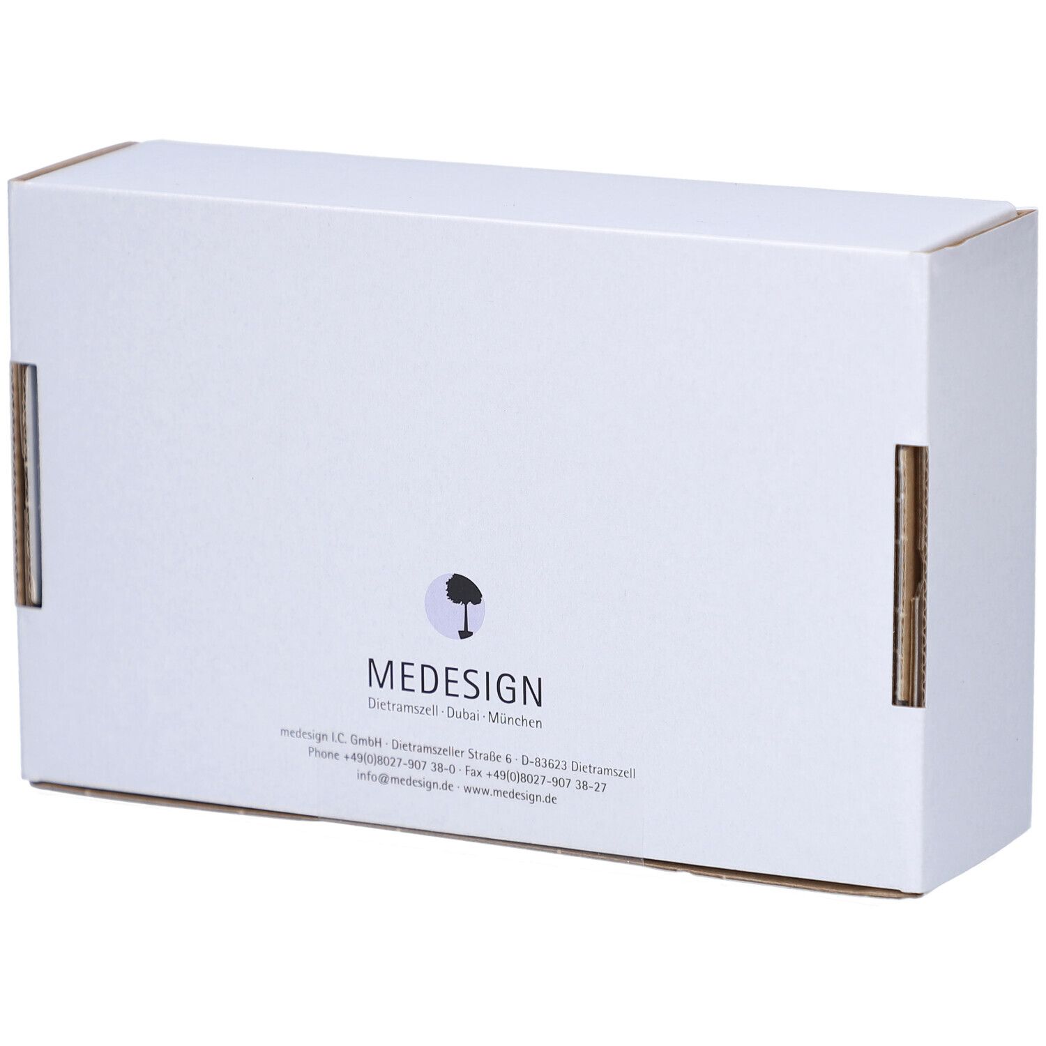 Dos d'une boîte en carton blanche. Affiche le logo MEDESIGN et les coordonnées. Texte en allemand.