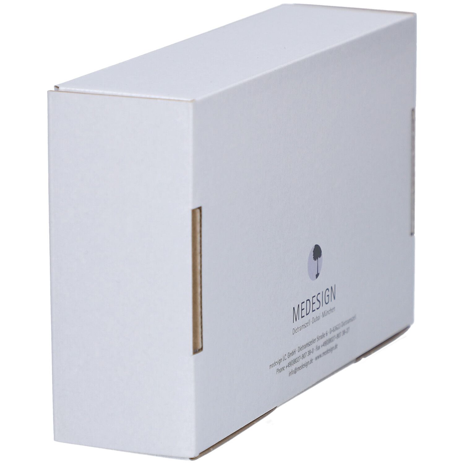 Vue latérale d'une boîte en carton blanche. Affiche le logo MEDESIGN et les coordonnées. Texte en allemand.