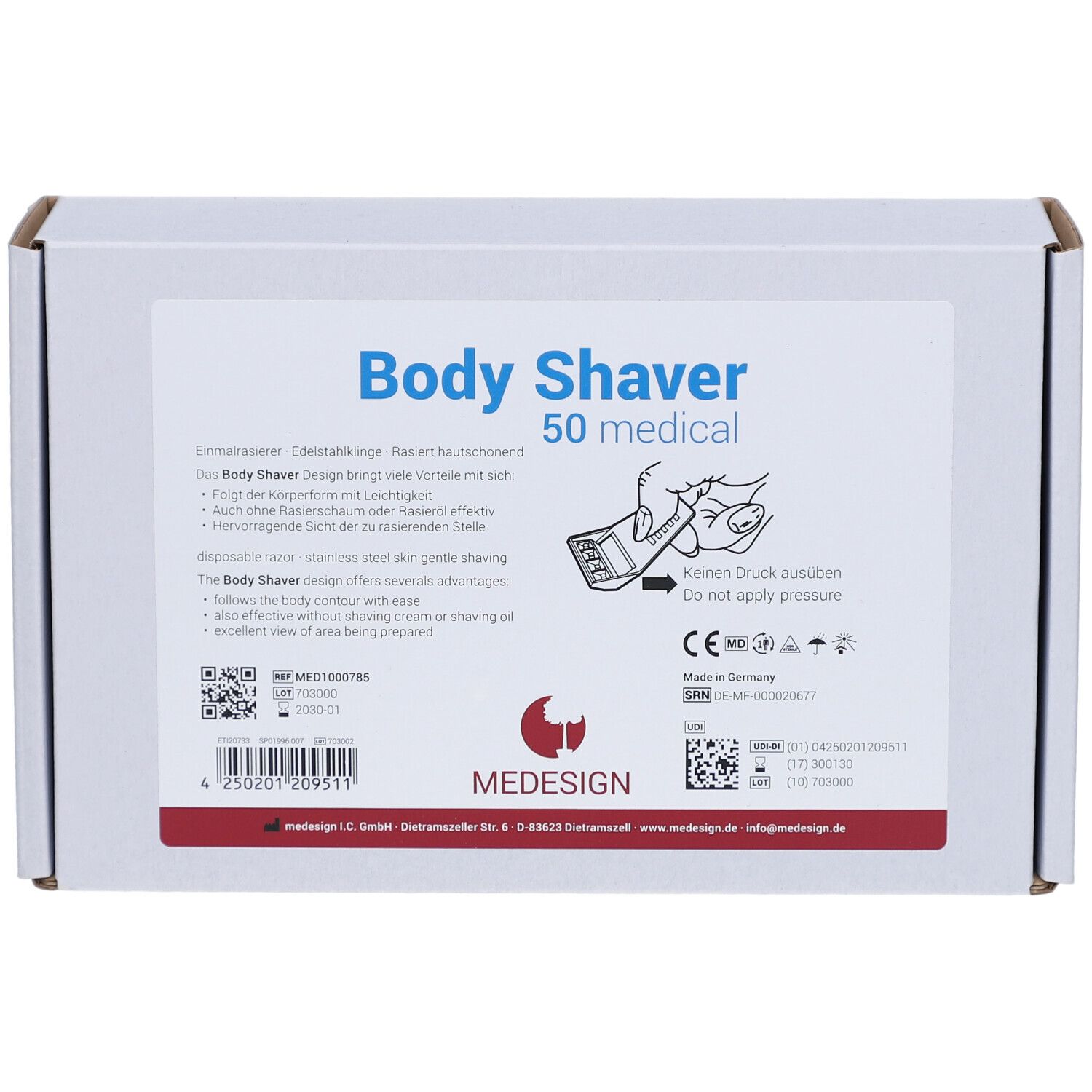Boîte blanche avec "Body Shaver 50 medical". Contient des informations, des pictogrammes et le logo MEDESIGN. Marque CE.