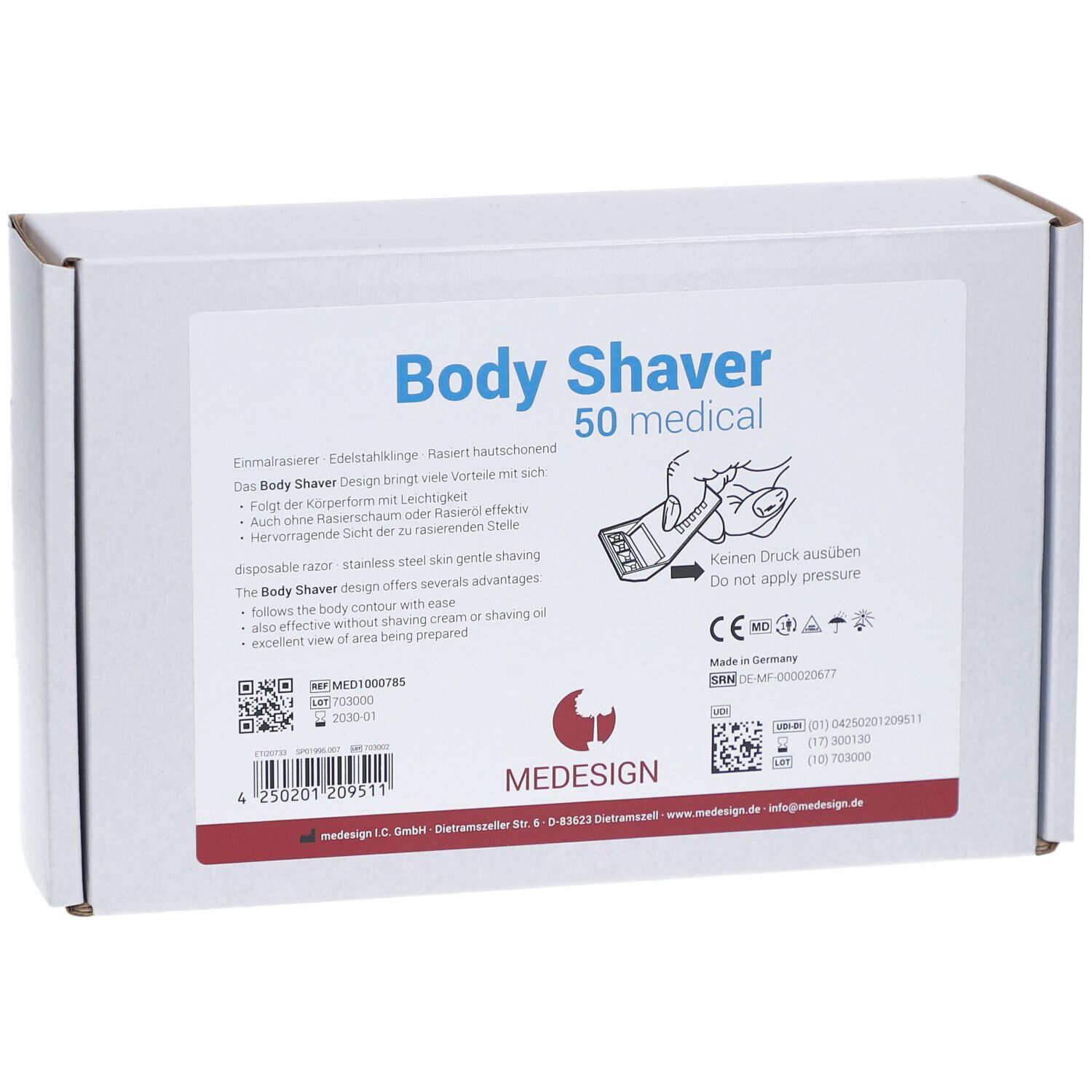 Boîte blanche avec "Body Shaver 50 medical". Contient des informations, des pictogrammes et le logo MEDESIGN. Marque CE.