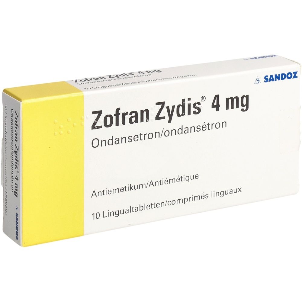 Verpackung von Zofran Zydis 4 mg. Weiße Schachtel mit gelbem Akzent. Aufschrift: Zofran Zydis 4 mg, 10 Lingualtabletten.