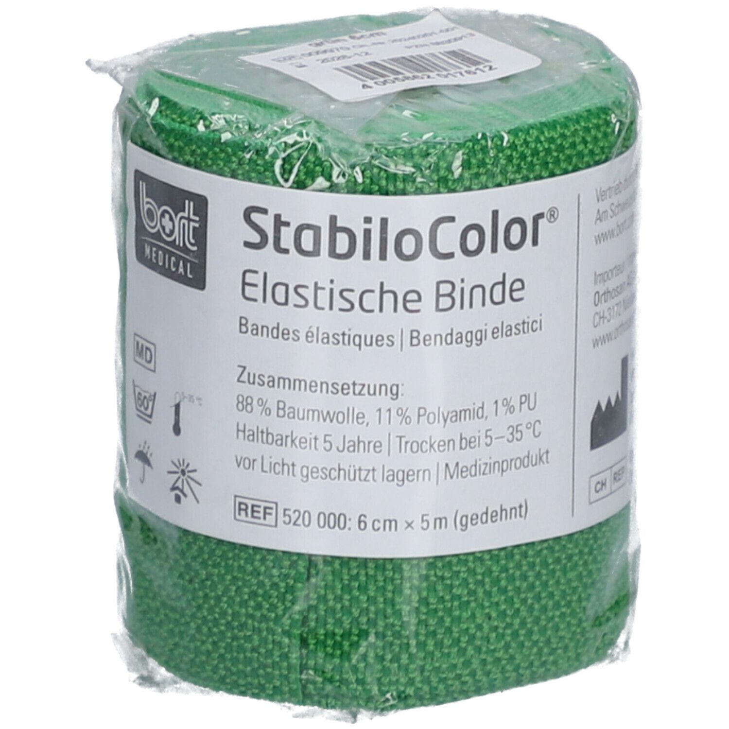 Grüne Binde in Folie verpackt. Aufdruck: BORT MEDICAL, StabiloColor, elastische Binde, 6 cm x 5 m.
