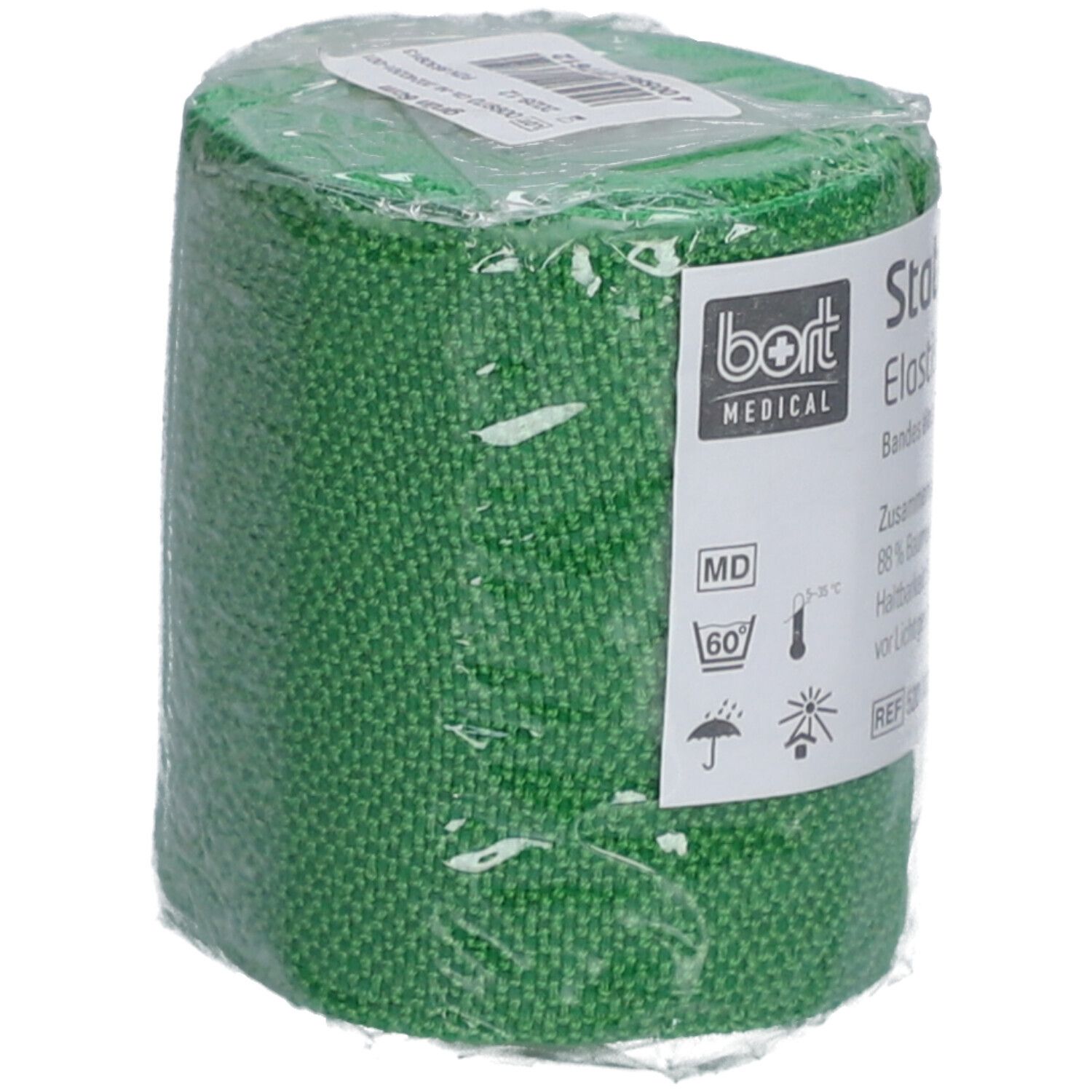 Grüne Binde in Folie verpackt. Aufdruck: BORT MEDICAL, MD-Zeichen, 60°C, Sonnenschutz.