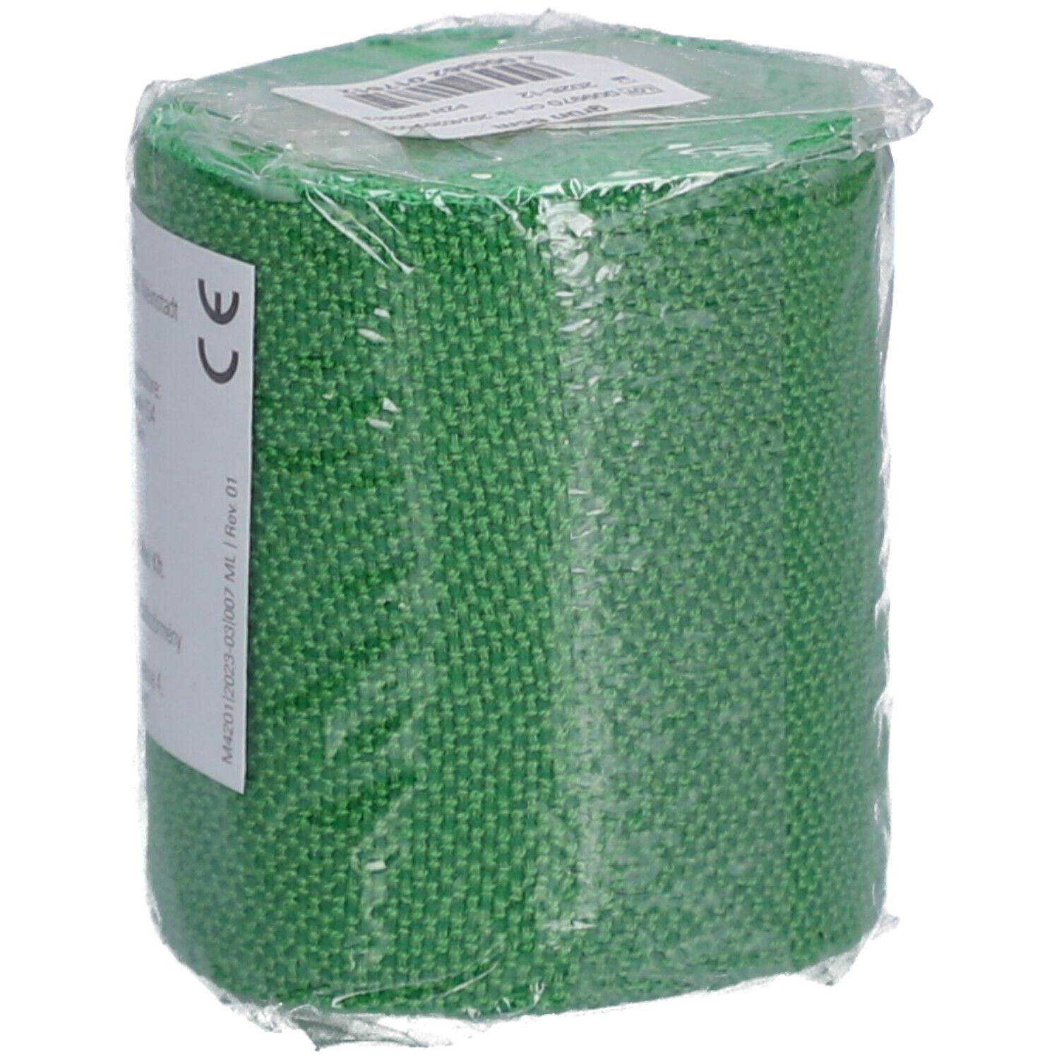 Grüne Binde in Folie verpackt. CE-Kennzeichnung. Aufdruck nicht lesbar.