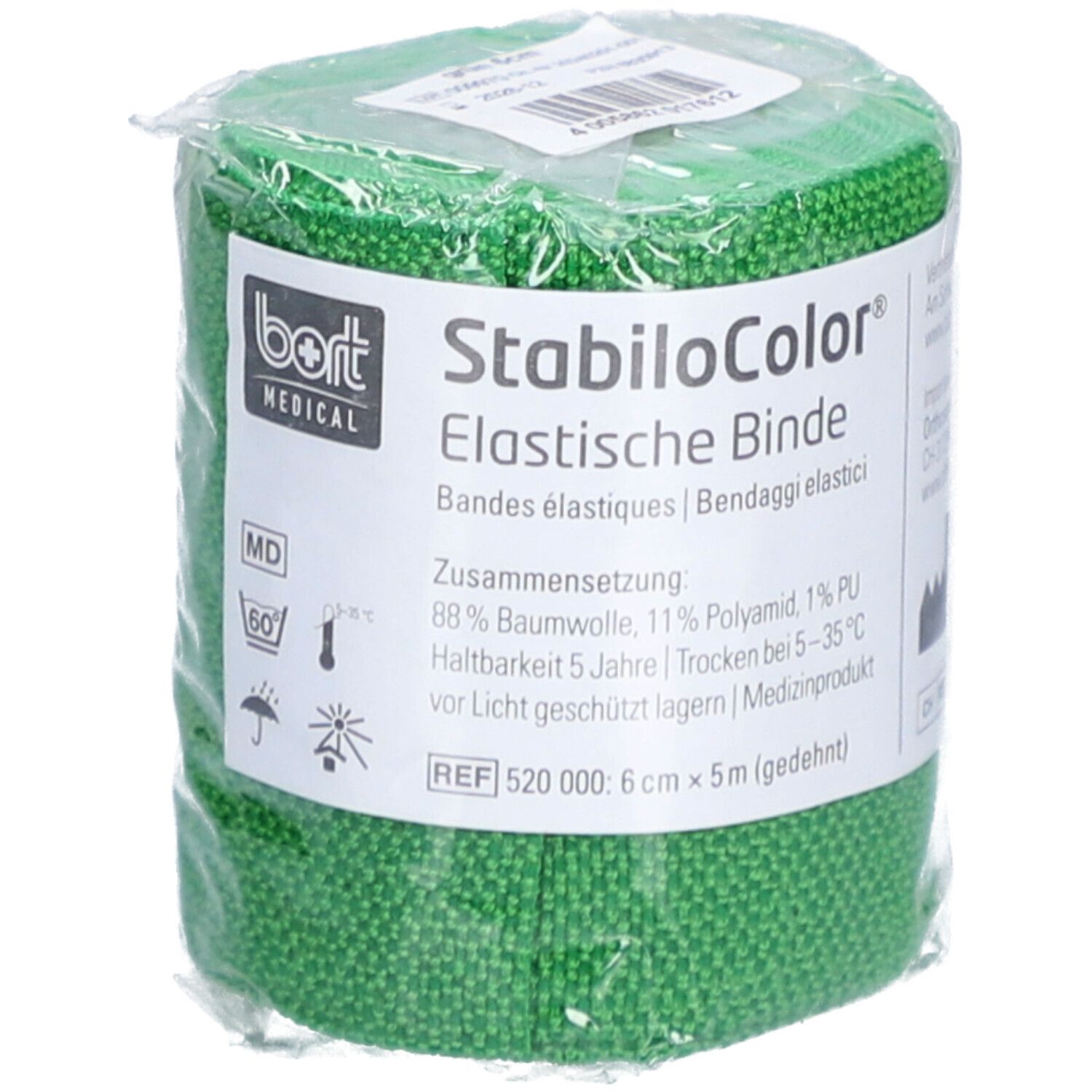 Grüne Binde in Folie verpackt. Aufdruck: BORT MEDICAL, StabiloColor, elastische Binde, 6 cm x 5 m.