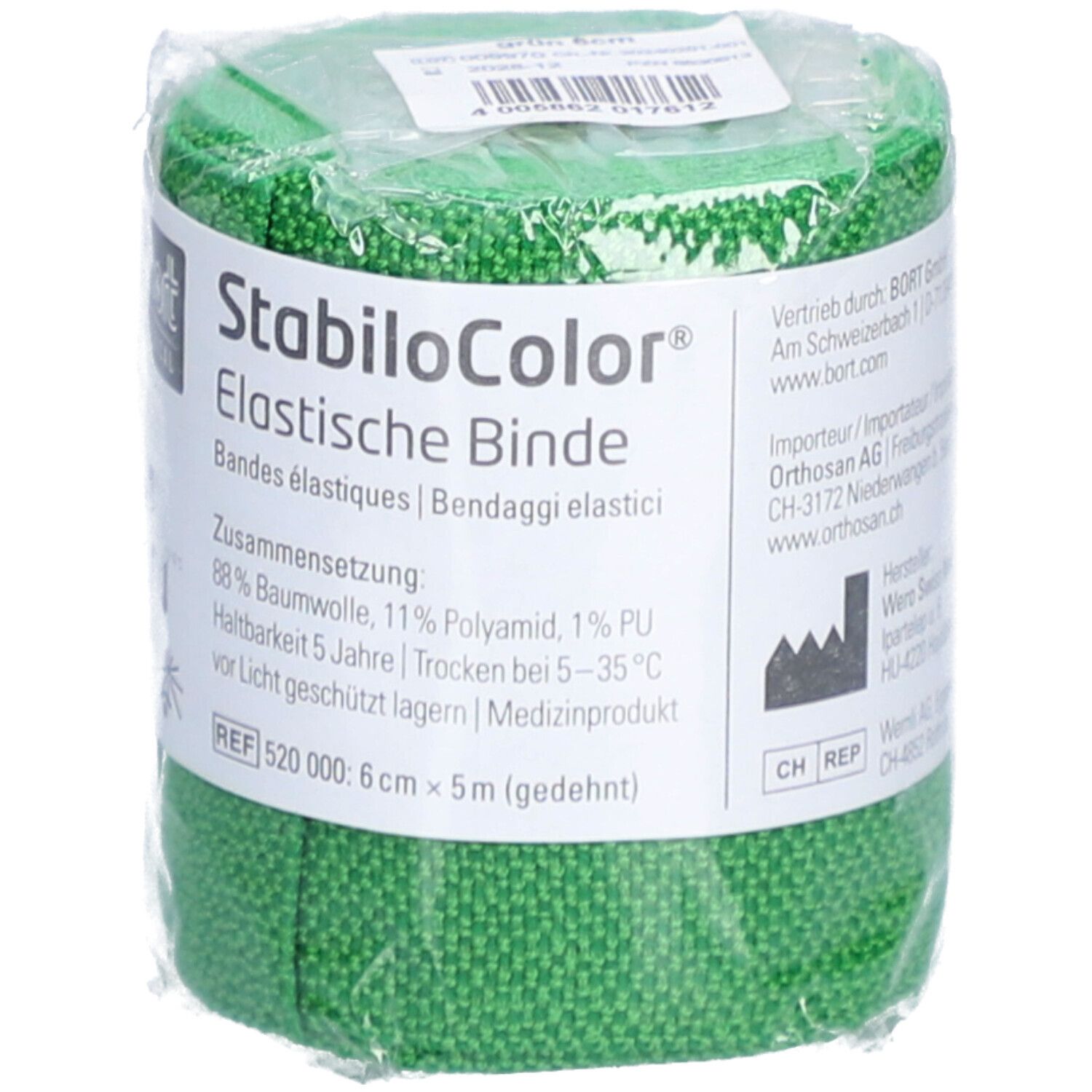 Grüne Binde in Folie verpackt. Aufdruck: BORT MEDICAL, StabiloColor, elastische Binde, 6 cm x 5 m.