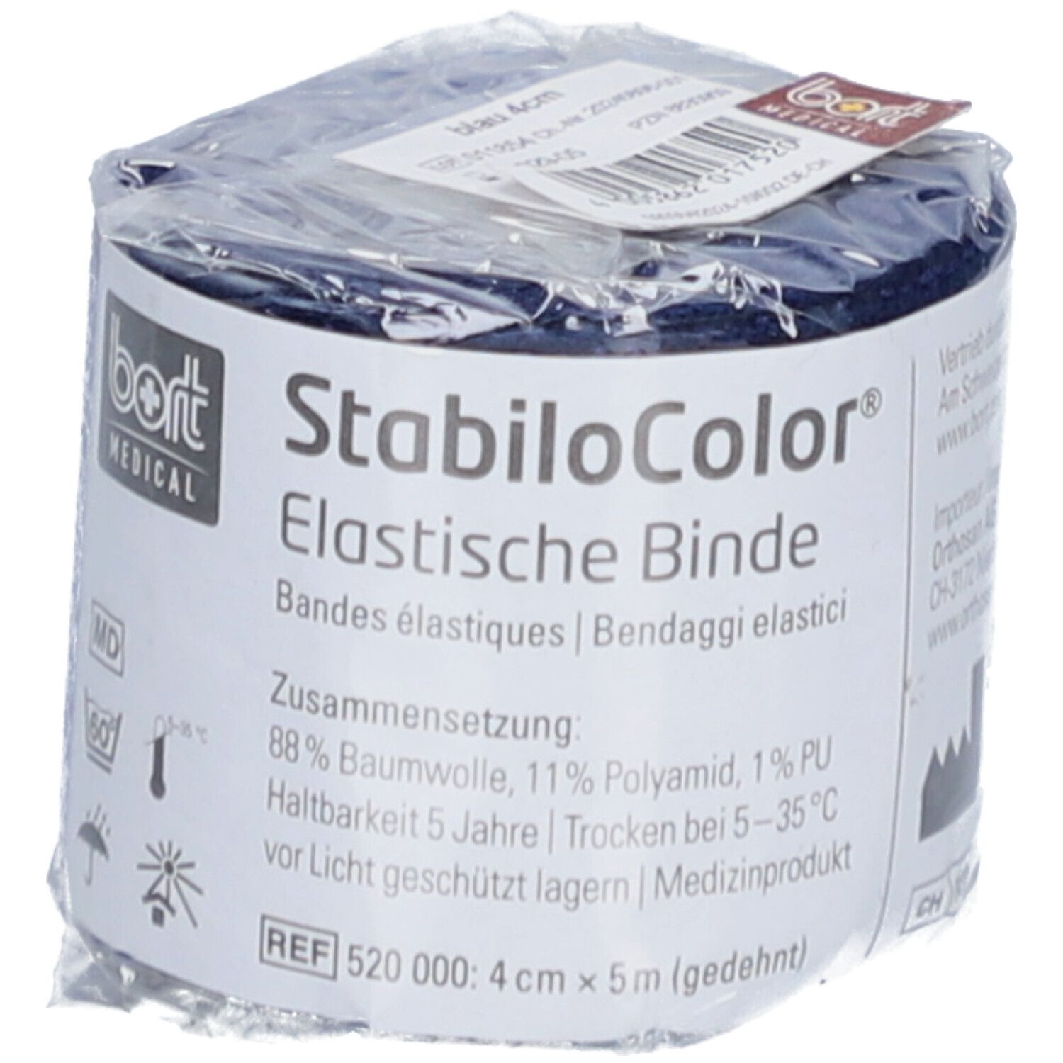 BORT StabiloColor® elastische Binde, blau. Verpackt in Folie. Produktinformationen auf Etikett.