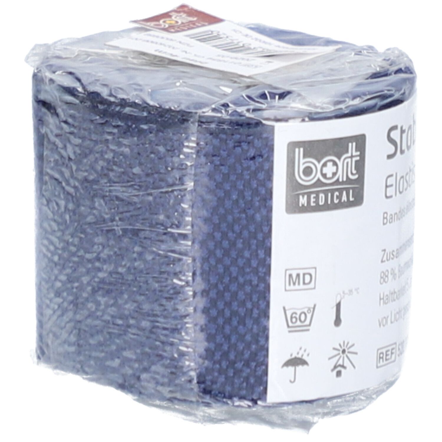 BORT StabiloColor® elastische Binde, blau, in Folie verpackt. Produktetikett mit Informationen.