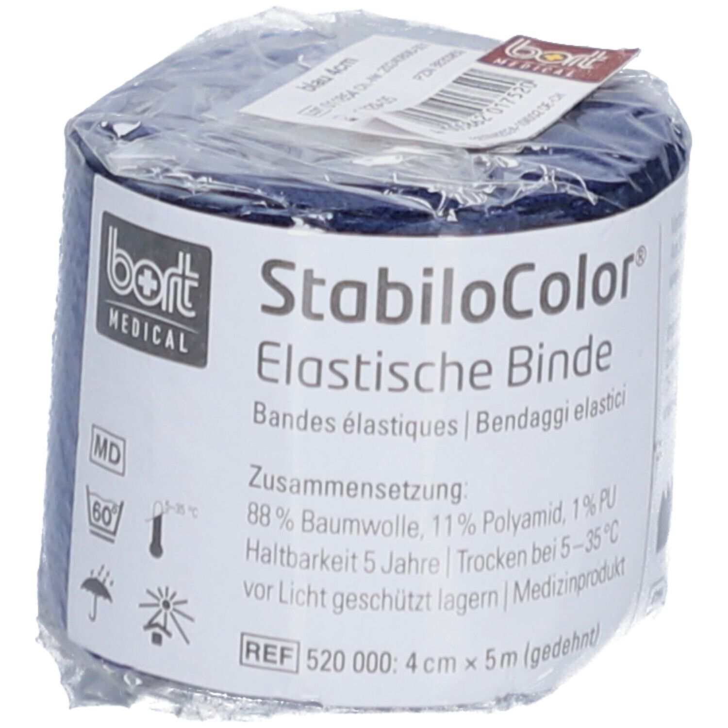 BORT StabiloColor® elastische Binde, blau, in Folie verpackt. Produktetikett mit Informationen.