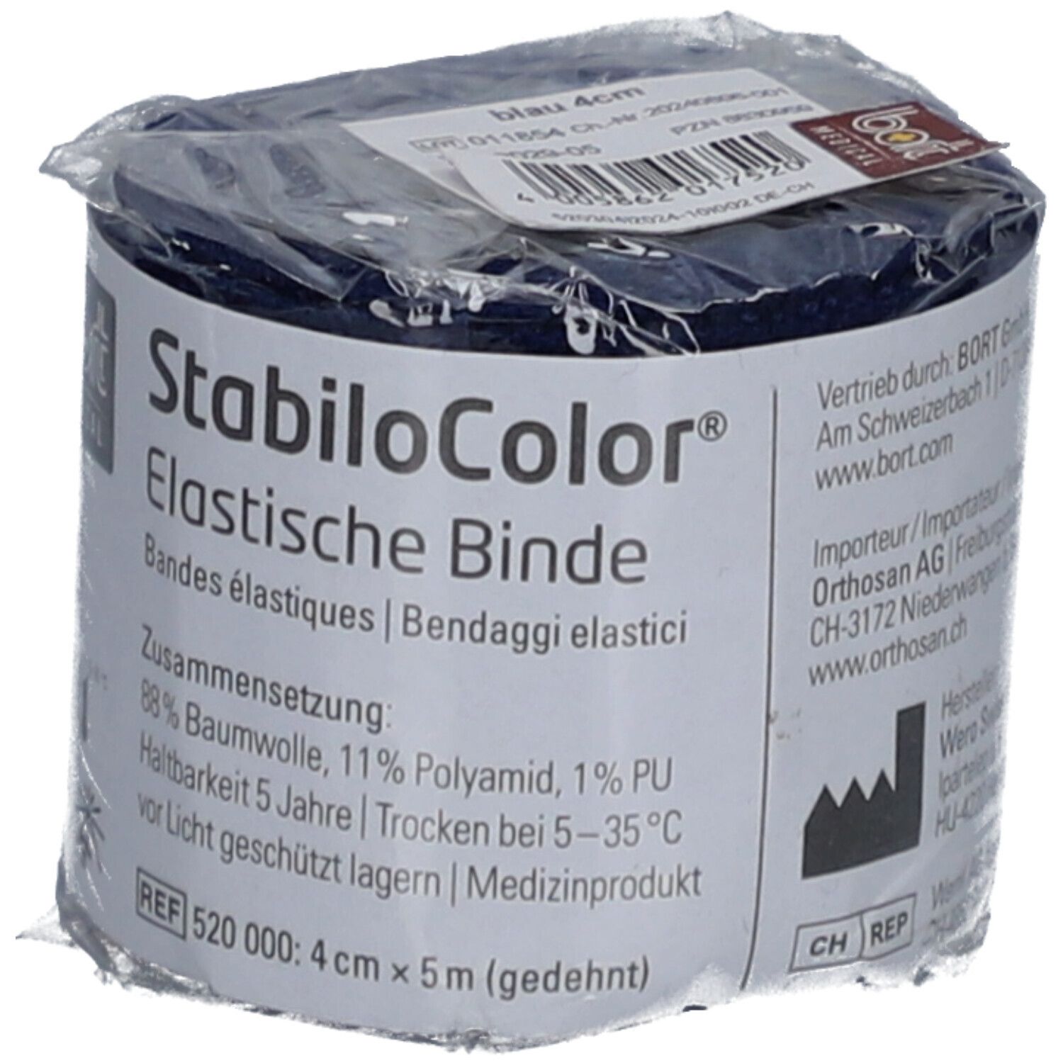 BORT StabiloColor® elastische Binde, blau, in Folie verpackt. Produktetikett mit Informationen.