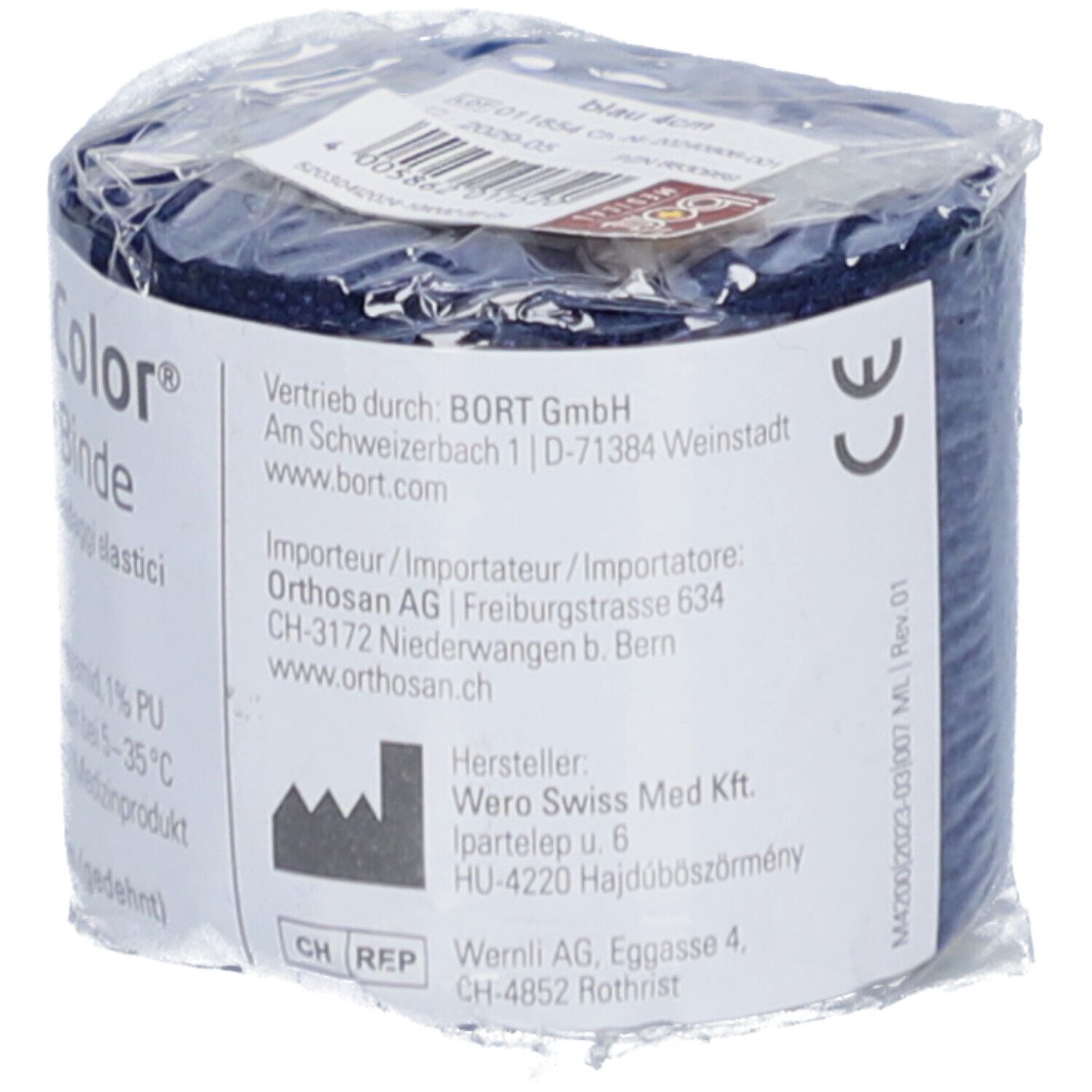 BORT StabiloColor® elastische Binde, blau, in Folie verpackt. Produktetikett mit Informationen.