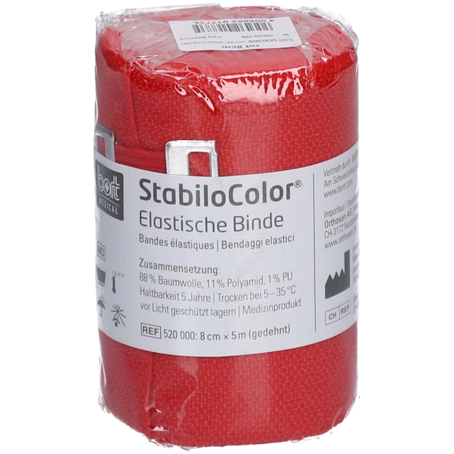 Bande élastique rouge emballée. Inscription: StabiloColor, Bande élastique, 8 cm x 5 m. Composition: 88% coton, 11% polyamide, 1% PU.