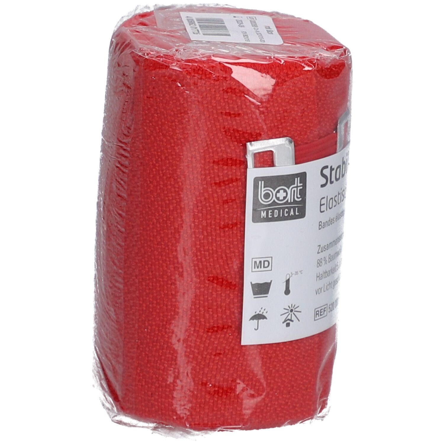 Bande élastique rouge emballée. Inscription: StabiloColor, Bande élastique. Composition: 88% coton, 11% polyamide, 1% PU. Avec symbole MD.