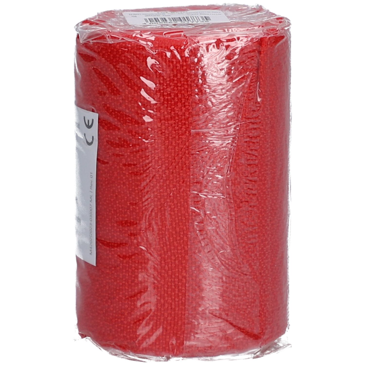 Bande élastique rouge emballée. Marquage CE sur l'étiquette. Informations sur le produit sur l'étiquette.