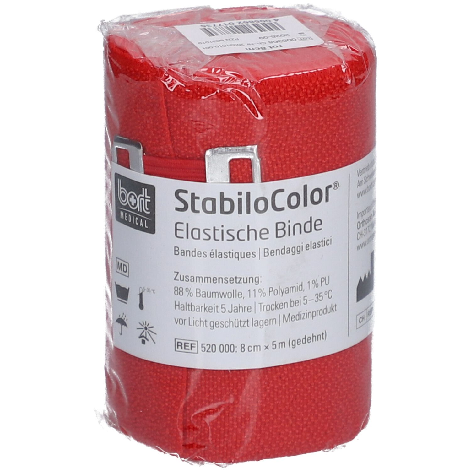 Bande élastique rouge emballée. Inscription: StabiloColor, Bande élastique, 8 cm x 5 m. Composition: 88% coton, 11% polyamide, 1% PU.