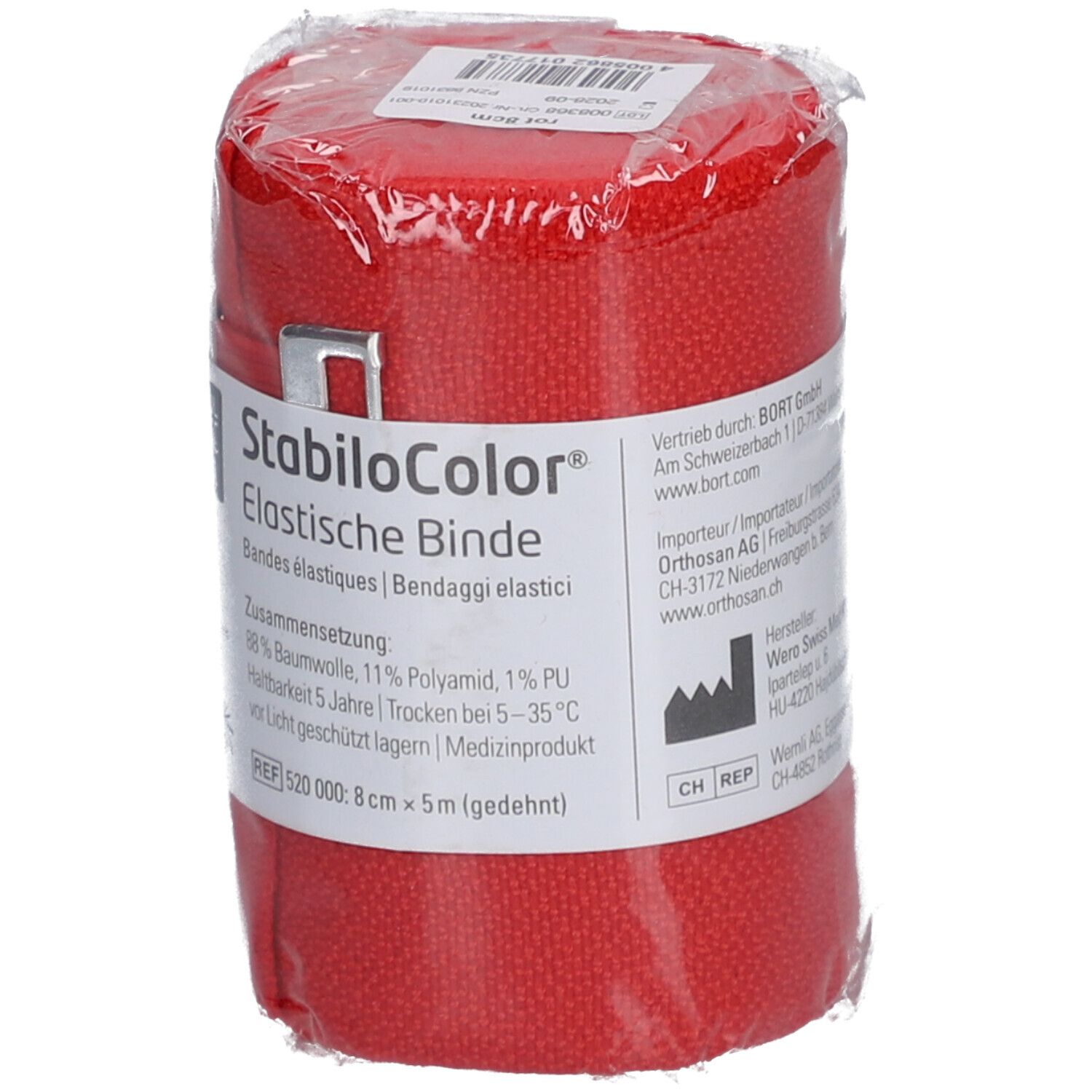 Bande élastique rouge emballée. Inscription: StabiloColor, Bande élastique, 8 cm x 5 m. Avec informations et adresse du produit.