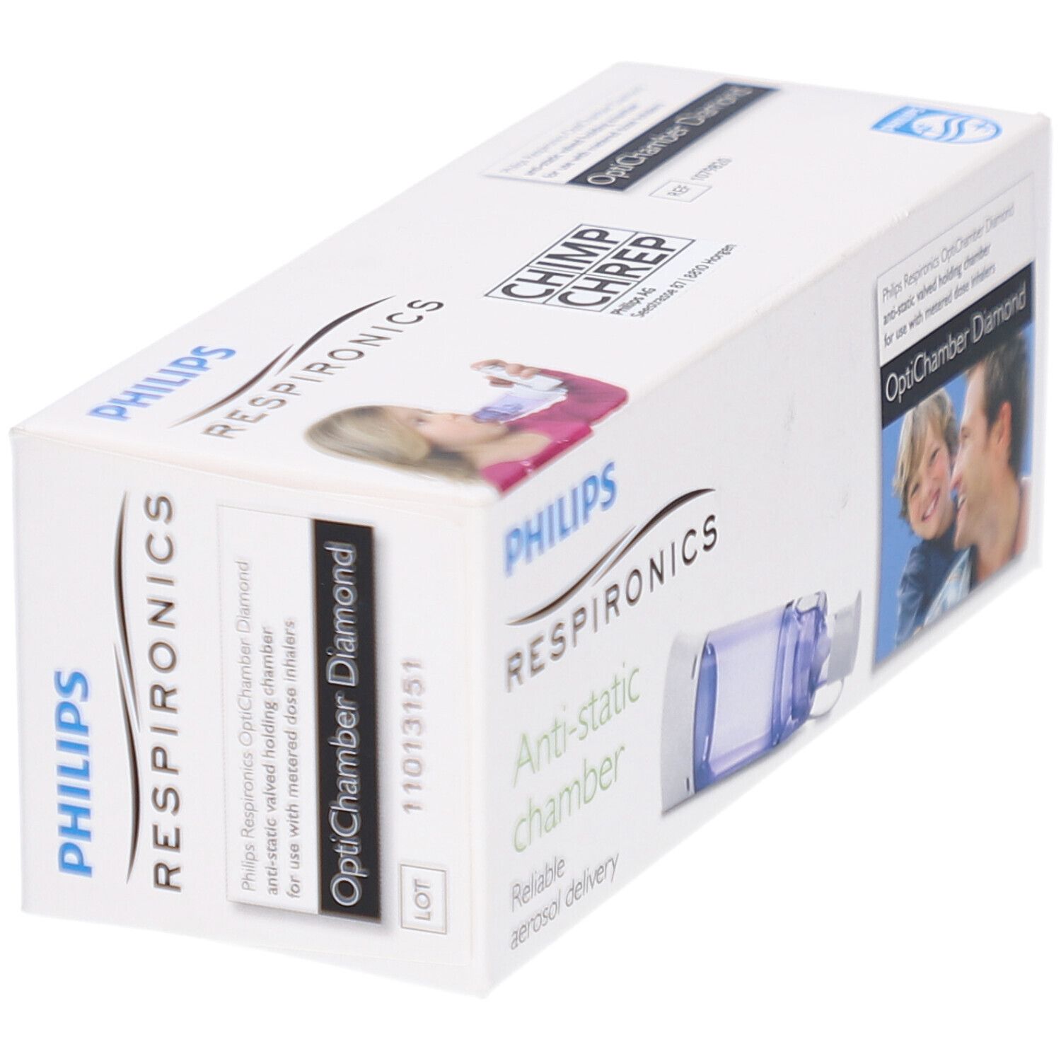 Vue oblique de l'emballage OptiChamber Diamond. Logos et illustration du produit visibles. Texte: Philips Respironics.
