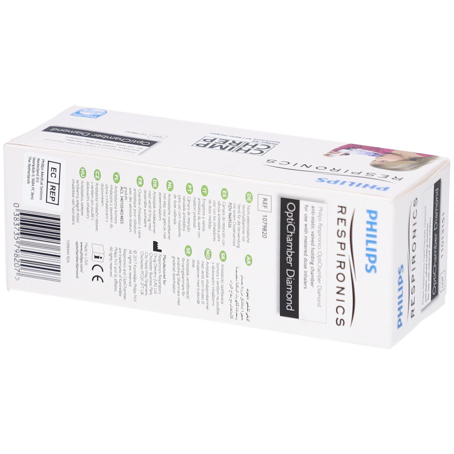 Dos de l'emballage OptiChamber Diamond. Texte et logos visibles. Informations d'utilisation.