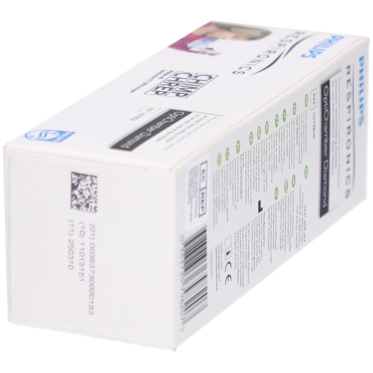 Vue oblique de l'emballage OptiChamber Diamond. Texte et logos visibles. Informations d'utilisation.