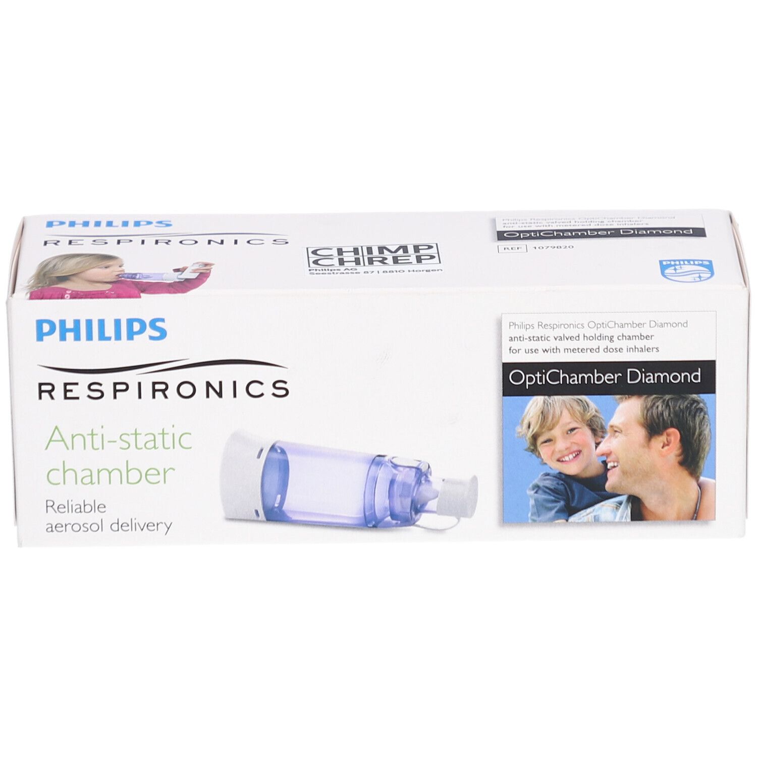 Emballage Philips Respironics OptiChamber Diamond. Contient une chambre d'inhalation antistatique. Produit et logos sont visibles.