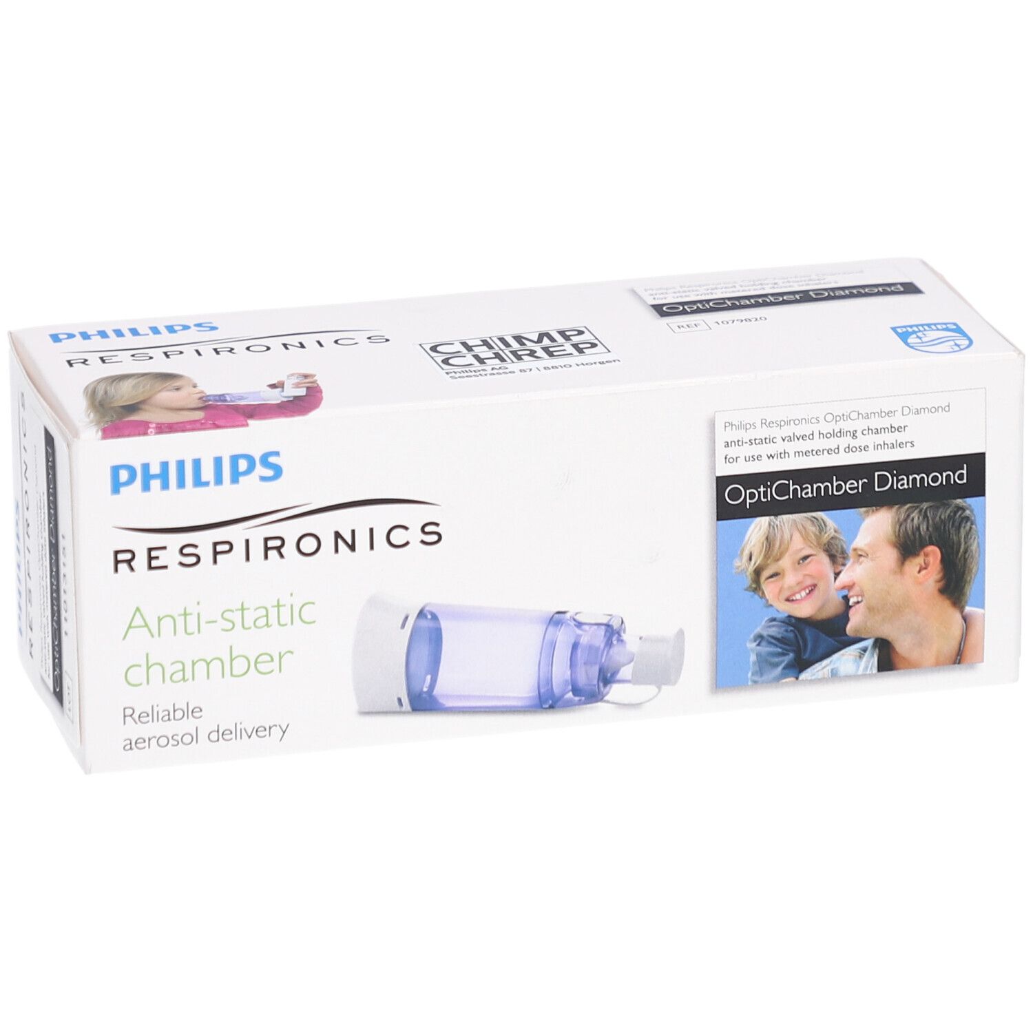 Emballage Philips Respironics OptiChamber Diamond. Contient une chambre d'inhalation antistatique. Produit et logos sont visibles.