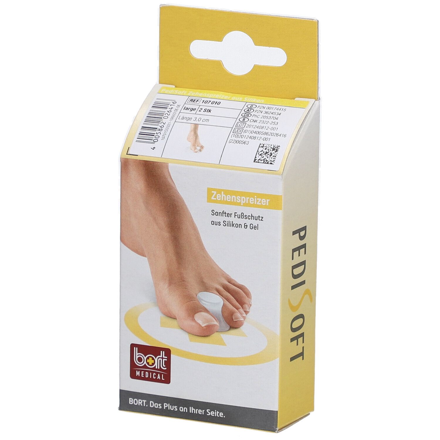 Verpackung von BORT PediSoft Zehenspreizer. Aufdruck: Zehenspreizer, sanfter Fußschutz aus Silikon & Gel. Logo BORT MEDICAL.
