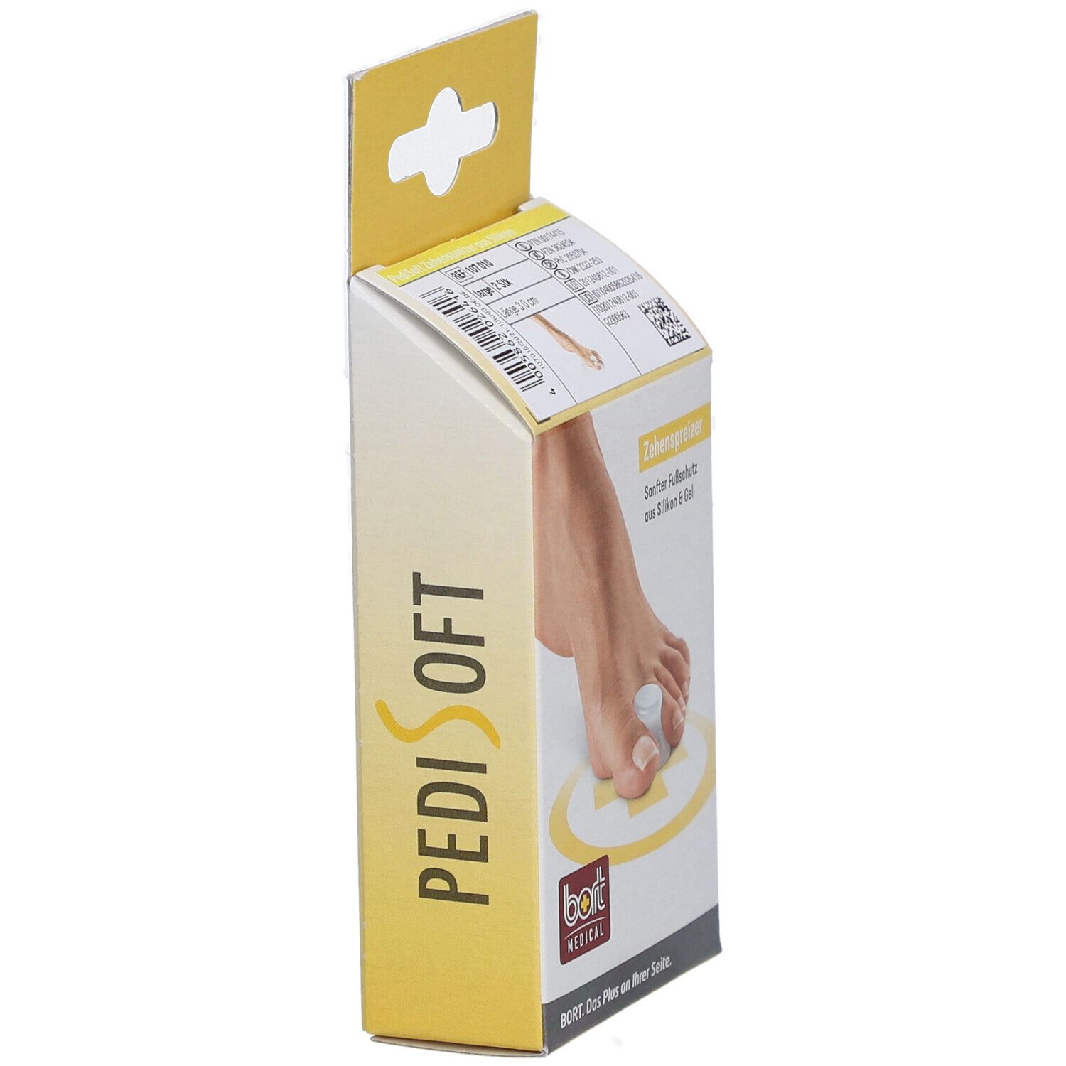 Seitenansicht der BORT PediSoft Zehenspreizer Verpackung. Aufdruck: Zehenspreizer, sanfter Fußschutz aus Silikon & Gel. Logo BORT MEDICAL.