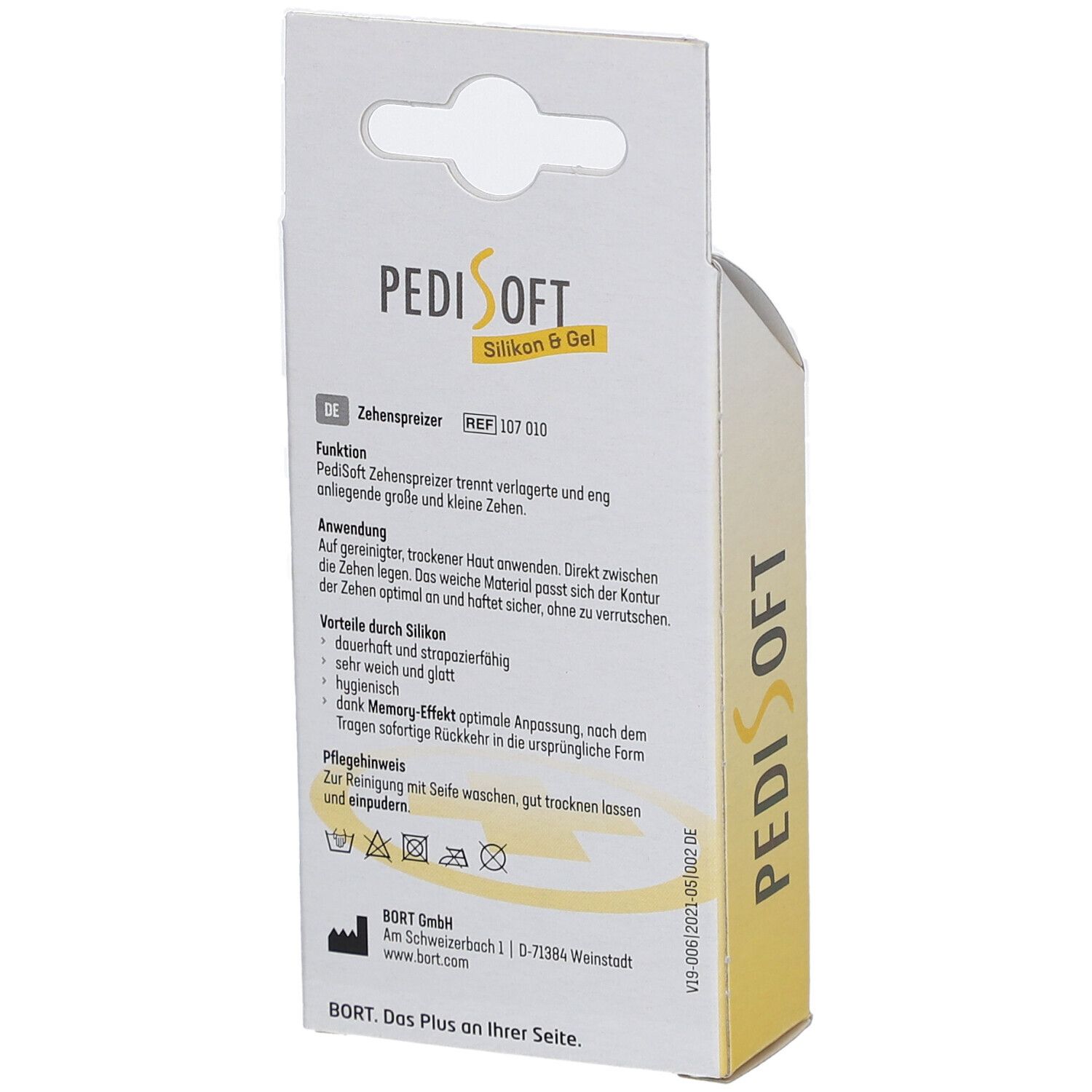 Rückseite der BORT PediSoft Zehenspreizer Verpackung. Text: Anwendung, Vorteile, Pflegehinweis. Logo BORT MEDICAL.